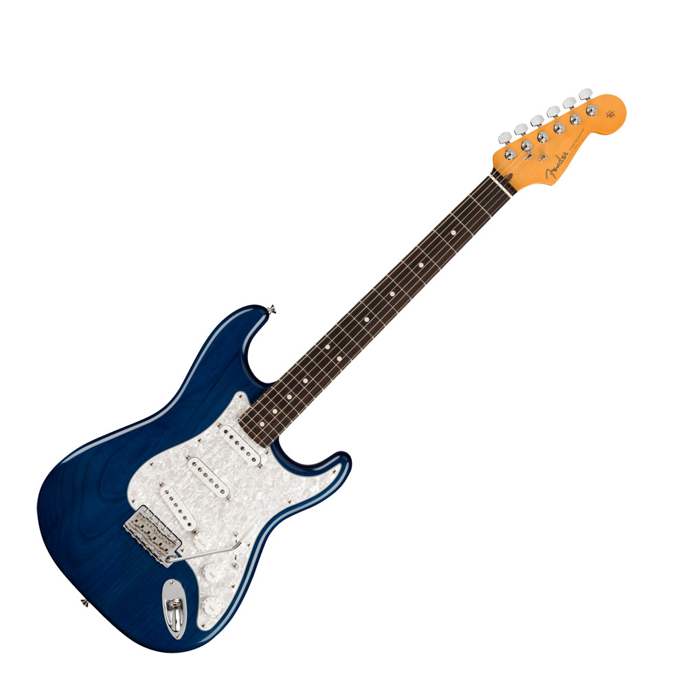 Fender Cory Wong Stratocaster SBT エレキギター驚異的なファンクプレイと独創的なリードギターで知られるギタリスト、プロデューサー、アレンジャーのコーリー・ウォンは、Vulfpeckでのソウルフルな演奏や、グラミー賞にノミネートされるユニークなソロ活動によって多くのファンを獲得し、アリーナをソールドアウトするほどの実力を備えています。Cory Wong Stratocasterは、コーリーが愛用するフェンダーギターにインスパイアされ、ファンクギターの名手のニーズに合わせて改良を加えたモデルです。サファイアブルーのトランスペアレントサテンラッカーフィニッシュは、コーリーのオリジナルStratocasterの外観とヴァイブスを再現しています。一般的なStratocasterよりもわずかにコンパクトなアルダーボディに、American Ultraに採用されているModern"D"ネックと彫りの深いボディコンターを組み合わせることで、気品ある快適な演奏性を実現しています。ピックアップにはカスタムデザインのSeymour Duncanを採用し、コーリーのプレイ特有の歯切れの良い響きを再現しています。ヘッドストックの形状をわずかにモディファイしたメイプルネック、10〜14インチコンパウンドラジアス仕様のローズウッド指板、ヴィンテージスタイル6スクリューシンクロナイズドトレモロ、チューニングの安定性を高め、弦交換を容易にするデラックスロッキングチューナーなどを装備しています。また、トレモロスプリングをミュートしてコーリーのリズムトーンを実現するためのヘアタイ、ラバーストラップロックワッシャーセット、カスタムネックプレートが付属されます。【スペック】・Color：Sapphire Blue Transparent・Country Of Origin：US・Orientation：Right-Hand・Series：Artist・Fingerboard Material：Rosewood・Fingerboard Radius：10" to 14" Compound Radius (254 mm to 355.6 mm)・Neck Finish：Satin Urethane・Neck Material：Maple・Neck Shape：Modern "D"・Number of Frets：22・Nut Material：Bone・Nut Width：1.6875" (42.86 mm)・Position Inlays：White Dot・Side Dots：・String Nut：Bone・Body：Alder・Body Finish：Satin Urethane・Body Material：Alder・Body Shape：Stratocaster・Bridge：6-Saddle Vintage-Style Synchronized Tremolo・Control Knobs：White Plastic・Hardware Finish：Nickel/Chrome・Neck Plate：4-Bolt・Pickguard：4-Ply White Pearloid・Pickup Covers：White・Strap Buttons：Vintage-Style・Strings：Nickel Plated Steel (.010-.042 Gauges)・Switch Tip：White・Tuning Machines：Deluxe Cast/Sealed Locking (all short posts)・Auxiliary Switching：Push/Push on Tone 2 Bypasses 5-Way Switch and Defaults to Position 4・Bridge Pickup：Seymour Duncan Cory Wong Clean Machine Custom Stack Plus・Controls：Master Volume with Treble-Bleed, Tone 1. (Neck Pickup), Tone 2. (Bridge Pickup)・Middle Pickup：Seymour Duncan Cory Wong Clean Machine Single Coil・Neck Pickup：Seymour Duncan Cory Wong Clean Machine Single Coil・Pickup Configuration：SSS・Switching：5-Position Blade: Position 1. Bridge Pickup Position 2. Bridge and Middle Pickup Position 3. Middle Pickup Position 4. Middle and Neck Pickup Position 5. Neck Pickup・ケース付き