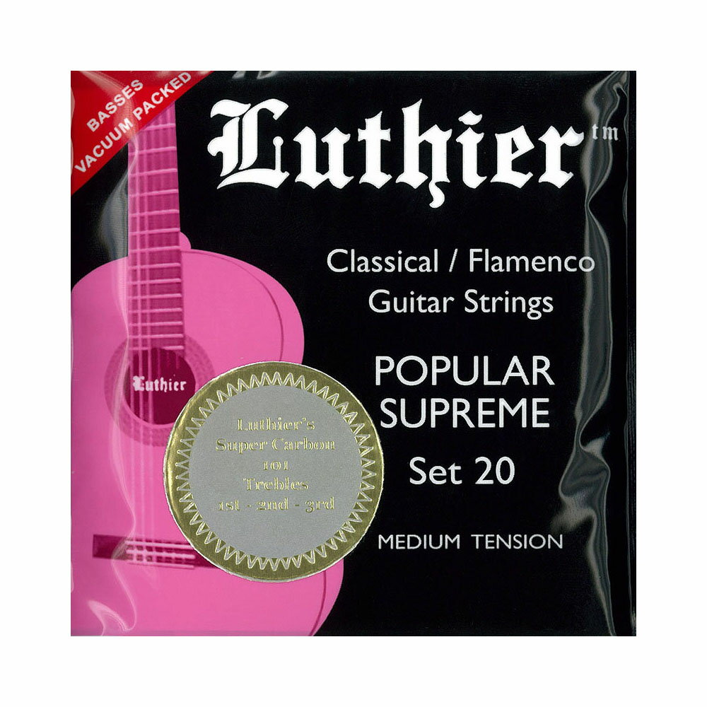 Luthier LU-20-CT Classical/Flamenco Strings with Super Carbon 101 Trebles フラメンコ クラシックギター弦Set 20 with Super Carbon 101 [POPULAR SUPREME - MEDIUM TENSION]High Quality Classical/Flamenco Stringswith Super Carbon 101 Treblesパコデルシアを初め多くのギタリストに愛用されるルシエール弦。厳しく品質管理され作られる弦は、素晴らしいサウンドと品質、そして長寿命を誇ります。「Super Carbon 101 Sets」は高音弦にフロロカーボンを採用したセット。ルシエール弦の低音弦は真空パッケージを採用し、パッケージを開けるまで弦の劣化を長期間防ぎます。