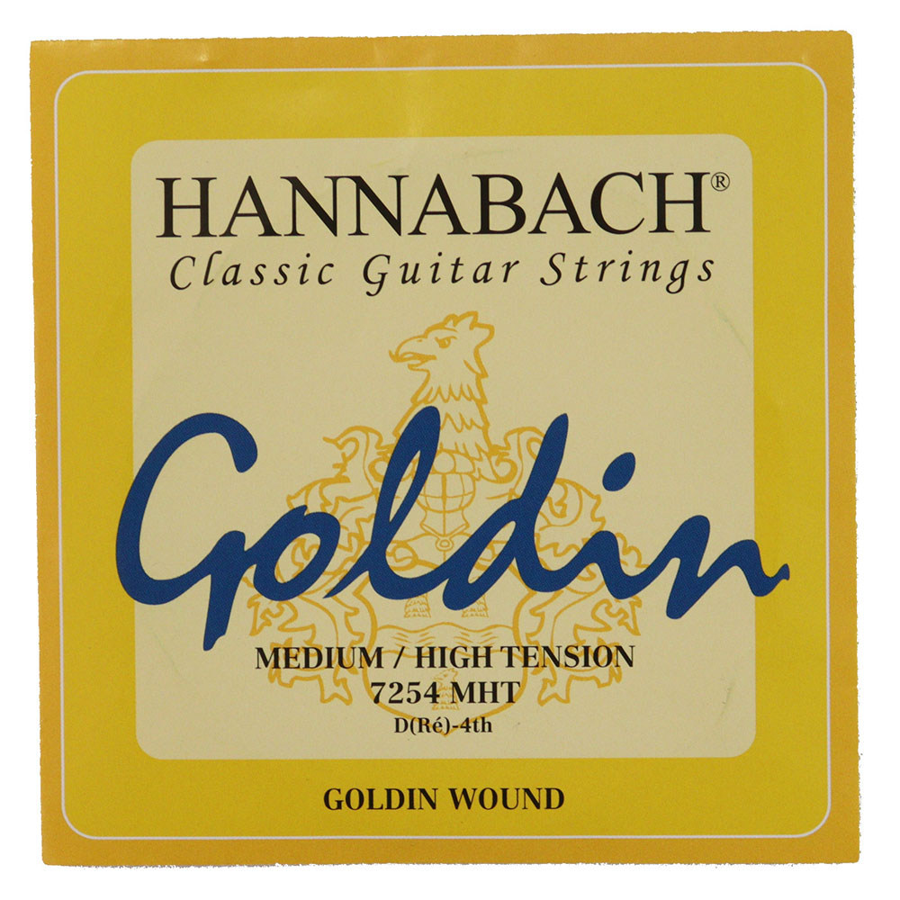 HANNABACH 7254MHT Goldin ミディアムハイテンション 4弦用 バラ弦 クラシックギター弦クリアできらびやかながらも、一般的なカーボン弦よりウォームな音色。高音弦の素材はスーパーカーボン（薄い金色）。低音弦は先進技術による高密度・長寿命の芯線と、金メッキを施したニッケル巻線の“ゴールディン”。【Spec】MHT ミディアムハイテンションクラシックギター用バラ弦。4弦×1本のみのバラ弦です