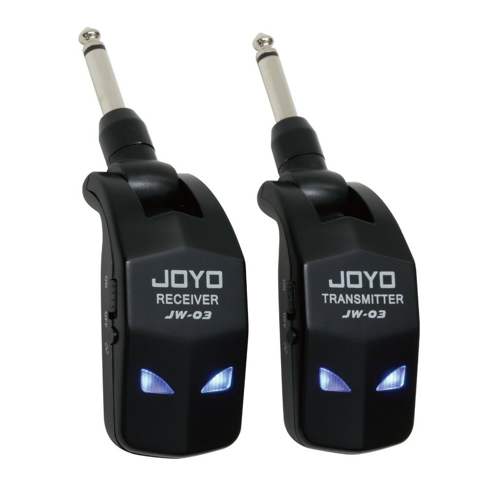 JOYO JW-03 ギター/ベース用 ワイヤレスシステム2.4GHz 帯を使用したギター／ベース用ワイヤレスシステムが日本に入荷しました！音痩せとレイテンシーを極力抑えた設計。送信機と受信機を1 対1、または1対複数セットで使用可能。また最大4セットの送信機を受信機が、同場所にて同時にご使用頂けます。受信機と送信機を向かい合わせてボタンを長押しするだけの簡単設定、手軽にワイヤレスプレイをお楽しみ頂けます。※受信機、送信機それぞれ単体での販売設定はありません。その他のWi-Fi やBluetooth との混信の可能性がございますのでご使用の際は周囲のワイヤレス・ルーター、ワイヤレス機器から離れてご使用下さい。【Spec】駆動時間：約8時間 (フル充電時)サンプリングレート：48K/16bitディレイタイム：＜5ms周波数特性：10Hz〜22KHz+-1dB歪み：0.02%以下（@1KHz-10dBFS)無線周波数帯：2.4GHz ISM 周波数帯 GFSK方式寸法：78 x 37 x 30mm（折り畳み時)付属品：USBケーブル、日本語マニュアル