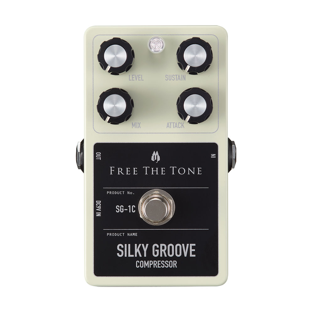 Free The Tone SG-1C Silky Groove Compressor コンプレッサー ギターエフェクターSILKY GROOVEは、カスタムシリーズの中で特に評価の高かったSILKY COMPをベースに、ギタリストやベーシストからのご要望が多かったドライミックス回路を搭載したスタンダードモデルです。SILKY COMPのサウンドを継承しながら、機能と使いやすさを向上させました。新設計のドライミックス回路は、エフェクト音とドライ音を混ぜたとき、別々の音が鳴っているよう聞こえる現象を避けるため、二つの音の位相を考慮し綿密に設計しました。一般的に使われるミックス回路では得られない、ドライ音とエフェクト音が溶け込むように混じり合うサウンドを経験していただけます。このドライミックス回路によって、ドライ音がゼロの強いコンプレッションが効いたエフェクト音から、ドライ音を混ぜたスピード感と芯のあるサウンドまで幅広いサウンドメイクが可能となりました。一般的にコンプレッサーは、調整が難しいエフェクターの一つです。SILKY GROOVEは、コンプレッサーの調整を簡単にするために、コンプレッション回路動作の最適化を行いました。「ATTACK」は、入力されたアタック音の強さを調整し、「SUSTAIN」は、コンプレッションのかかりの強さを変えてサスティンを調整します。それぞれがスムーズに変化しますので、好みのセッティングを簡単に見つけることができます。SILKY GROOVEは、ギター、ベースの持つサウンドキャラクターや演奏時の細かな指のタッチ、ピッキングのニュアンスなど重要な要素を損なう事なく、シルクのようにスムーズで自然なコンプレッションを生み出すことができます。ギターのきらびやかなアルペジオや、キレのあるカッティング、伸びやかなソロプレイ、ベースにおいては粒立ちの整ったボトムを支えるプレイから、跳ねるようなスラップなど、様々な演奏に豊かな表現力を提供します。【特徴】・コンプレッサー機能の「ATTACK」、「SUSTAIN」 コントロールは、急激な変化を避けるため、調整しやすい緩やかなカーブで設計されています。・新設計のドライミックス回路を搭載。ドライ音とエフェクト音のミックス機能で、幅広いサウンドメイクが可能となりました。・HTS（Holistic Tonal Solution） 回路を搭載しています。HTS回路は従来のバッファー回路とは異なり、ギターやベースの持つサウンド特性を極限まで引出しながらインピーダンス変換を行い、「高音質」と「低ノイズ」を両立しています。このHTS回路がエフェクトOFF時にもギター、ベースのサウンドの音質劣化を防ぎます。・出力信号は、入力信号と同位相で出力していますので、位相反転の心配はありません。【仕様】・入力インピーダンス：500kΩ以上・出力負荷インピーダンス：10kΩ以上・コントロール：LEVEL、DRY MIX、SUSTAIN、ATTACK・端子：1/4インチ標準フォーン・ジャック×2（入力、出力）、DC9V入力ジャック（ACアダプター接続用）・電源：DC9V 電池 （9V形006P型）、ACアダプター・消費電流：7mA・サイズ：72（W）×115（D）×50（H）mm （フットスイッチやジャック等の突起物含む）・重量：約230g （付属品を含まず）・付属品：保証書、取扱説明書、ゴム足×4