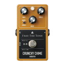 Free The Tone CC-1B Crunchy Chime Booster ブースター ギターエフェクターこのCRUNCHY CHIMEは、イコライザー機能が付いたブースターです。特筆する点は、その倍音成分にあります。この豊かな倍音を生み出すブースト回路は、ビンテージギターやビンテージアンプが持つ倍音成分の研究がきっかけで生まれました。ビンテージ楽器の魅力の一つは、その豊かで煌びやかな倍音です。耳に痛く感じることのない心地よい倍音の秘密を解き明かすために、様々な実験や検証を行い、このブースト回路が完成しました。弦の振動がより感じられ、ギターやベースのサウンドが生き生きするのを実感していただけると思います。アンプの特性は製品によって異なり、「ブースターをONにすると、低音域の音が濁ってしまう。」など、問題が起こることがあります。開発段階では、この豊かな倍音が使用するアンプによって濁ってしまったり、不要な倍音成分が強調し合い耳障りなサウンドになってしまったりすることがありました。理想のサウンドに近づけるためには、それらの機材にマッチするように周波数特性を調整したいと考えました。この目的で新たに設計したイコライザーは、ブートやカットを行い音色の調整をしてもイコライザーを使っていると感じさせないくらい自然なサウンドです。TREBLEとBASSのノブが12時の位置で特性がフラットになります。またイコライザーのBASS用に、周波数を選択することができるモードスイッチを用意しました。7弦ギターやベースの低音域調整にも有効です。新しい発想から生まれたイコライザー付きブースターCRUNCHY CHIMEは、ギターやベースのサウンドバリエーションを大幅に広げ、演奏の楽しみ、音作りの楽しみを提供します。【特徴】・BASSのブースト／カット周波数帯を選べるMODEスイッチを装備しています。・新設計のイコライザー回路は、ナチュラルなサウンドを作り出します。・TREBLEとBASSの両方をカットする側で使用すると、ミッドブースターとして使用することができます。・音量を調整するためのブースト回路は、-16dBから最大＋17dBまで調整することができます。・HTS（Holistic Tonal Solution） 回路を搭載しています。HTS回路は従来のバッファー回路とは異なり、ギターやベースの持つサウンド特性を極限まで引き出しながらインピーダンス変換を行い、「高音質」と「低ノイズ」を両立しています。このHTS回路がエフェクトOFF時にもギター、ベースのサウンドの音質劣化を防ぎます。・出力信号は、入力信号と同位相で出力していますので、位相反転の心配はありません。【仕様】・入力インピーダンス：500kΩ以上・出力負荷インピーダンス：10kΩ以上・コントロール：BOOST、BASS、TREBLE、MODE Switch・端子：1/4インチ標準フォーン・ジャック×2（入力、出力）、DC9V入力ジャック（ACアダプター接続用）・電源：DC9V電池 （9V形006P型）、ACアダプター・消費電流：7mA・サイズ：72（W）×115（D）×50（H）mm （フットスイッチやジャック等の突起物含む）・重量：約230g （付属品を含まず）・付属品：保証書、取扱説明書、ゴム足×4