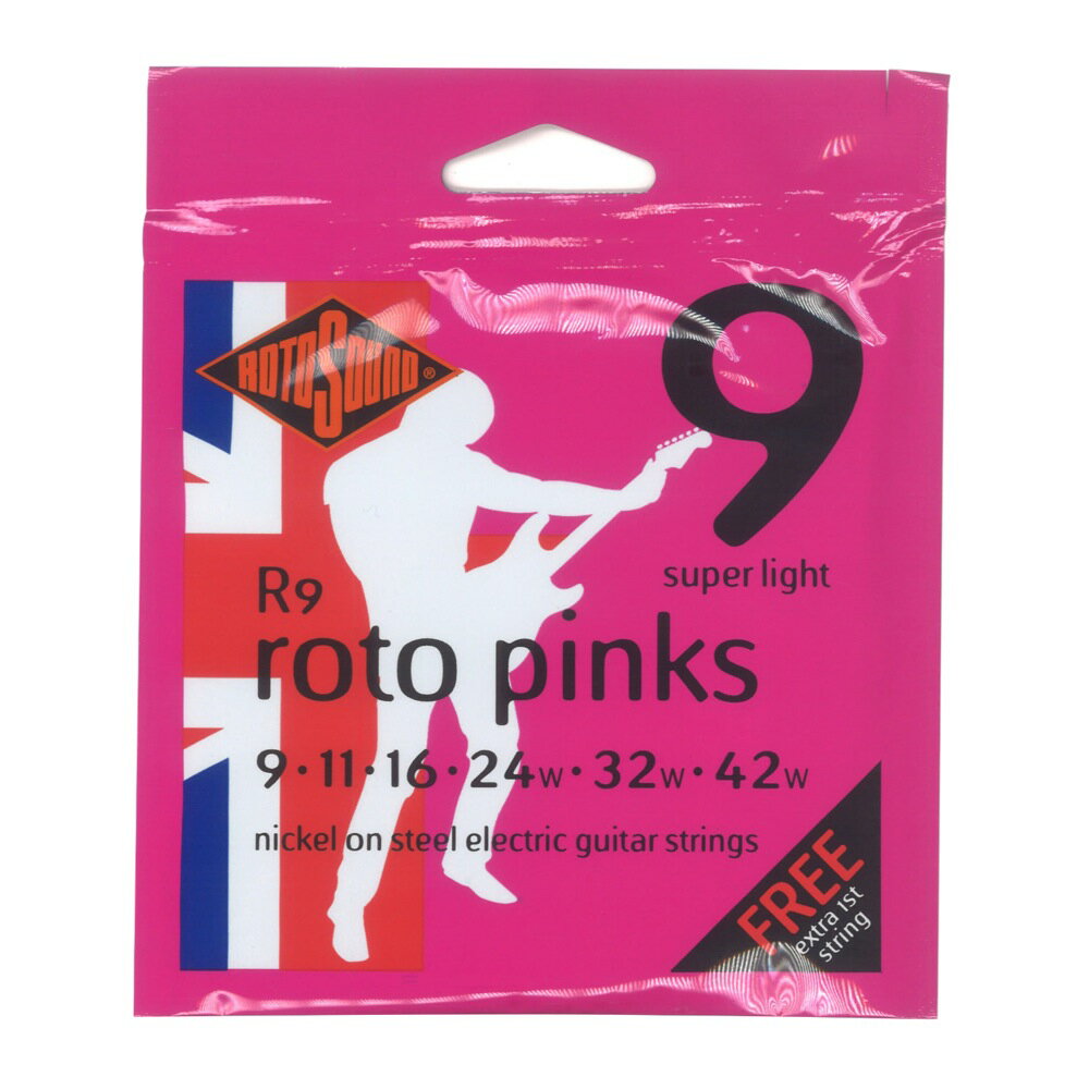 ROTOSOUND R9 Roto Pinks NICKEL SUPER LIGHT 9-42 エレキギター弦【Rotos Super Light Nickel on Steel R9】R9は、エレクトリック・ギター弦のベストセラーです。シルキーなニッケル・メッキの巻弦とパワフルなスチール・コアの組み合わせにより、あらゆる演奏スタイルやジャンルに対応するオールラウンドな弦です。・エレキギター用 Super Light・String Gauges: .009 / .011 / .016 / .024w / .032w / .042w・Material: Nickel on Steel・Tone: Balanced・Output: Medium・Made in United Kingdom※ 1セットでの販売です。