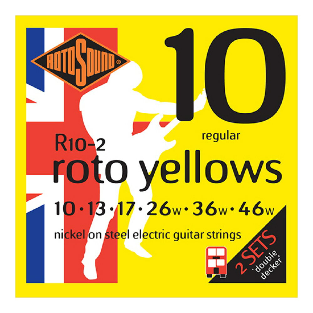 ROTOSOUND R10-2 Roto Yellows 2Sets NICKEL 10-46 エレキギター弦 2セット入り【2-Sets Rotos Regular Nickel on Steel R10-2】R10-2は、エレクトリック・ギター弦のベストセラーR10の2セット入りバージョンです。シルキーなニッケル・メッキの巻弦とパワフルなスチール・コアの組み合わせにより、あらゆる演奏スタイルやジャンルに対応するオールラウンドな弦です。・エレキギター用 Regular・String Gauges: .010 / .013 / .017 / .026w / .036w / .046w・Material: Nickel on Steel・Tone: Balanced・Output: Medium・Made in United Kingdom※ 2セット入りです。