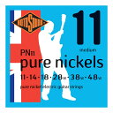 ROTOSOUND PN11 Pure Nickel Medium 11-48 エレキギター弦【Pure Nickels Medium Pure Nickel PN11】PN11は、ブルース、ロカビリー、スムース・ロックに最適なPure Nickelsシリーズのエレクトリック・ギター弦です。ブライトなヴィンテージ・スタイルのピックアップとの相性が抜群です。100%ニッケル素材で、メッキされたものよりも長持ちする、暖かいトーンを与えます。指にもフレットにも優しく、非常に滑らかな感触で簡単にチョーキングができます。・エレキギター用 Medium・String Gauges: .011 / .014 / .018 / .028w / .038w / .048w・Material: Pure Nickel・Tone: Warm・Output: Medium・Made in United Kingdom※ 1セットでの販売です。