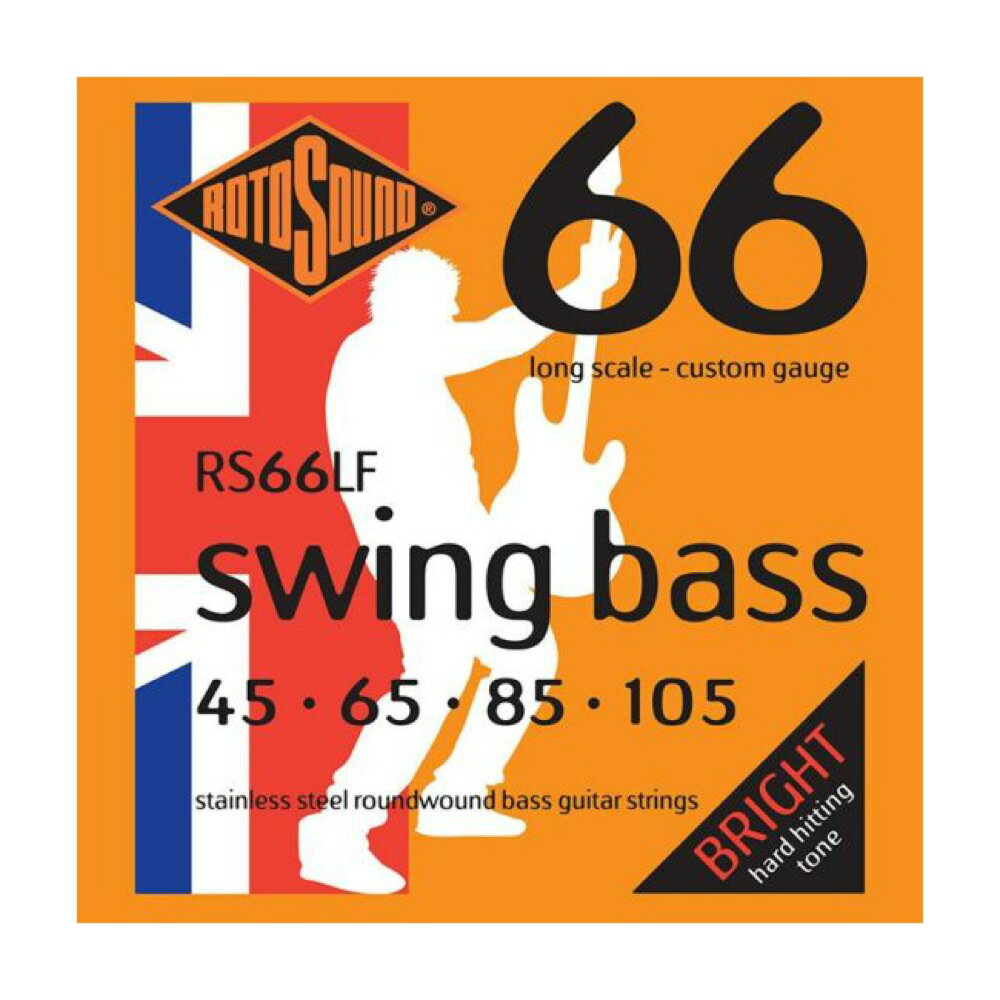 ROTOSOUND RS66LF Swing Bass 66 Custom 45-105 LONG SCALE エレキベース弦【Swing Bass 66 Custom Stainless Steel Roundwound RS66LF】RS66LFは、810mm〜860mm(32〜34インチ)ロングスケールのエレクトリック・ベース弦です。明るくパンチの効いたハイエナジーなサウンドを実現するSwing Bass 66シリーズの弦は、ジェームス・ハウとThe Whoのジョン・エントウィッスル(John Entwistle)が完成させたラウンドワウンド弦で、初期のロックミュージックの歴史に大きな影響を与えました。・エレキベース用 Custom・String Gauges: .045 / .065 / .085 / .105・Material: Stainless Steel Roundwound・Tone: Bright・Output: Medium・Made in United Kingdom※ 1セットでの販売です。