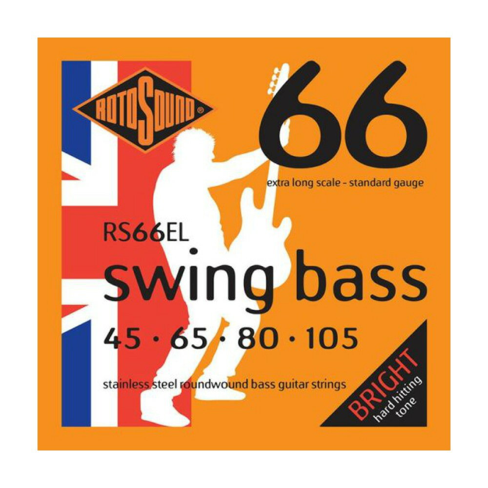 ROTOSOUND RS66EL Swing Bass 66 Extra Standard 45-105 EXTRA LONG SCALE エレキベース弦【Swing Bass 66 Extra Standard Stainless Steel Roundwound RS66EL】RS66ELは、850mm〜915mm(33.5〜36インチ)エクストラ・ロングスケールのエレクトリック・ベース弦です。明るくパンチの効いたハイエナジーなサウンドを実現するSwing Bass 66シリーズの弦は、ジェームス・ハウとThe Whoのジョン・エントウィッスル(John Entwistle)が完成させたラウンドワウンド弦で、初期のロックミュージックの歴史に大きな影響を与えました。・エレキベース用 Standard・String Gauges: .045 / .065 / .080 / .105・Material: Stainless Steel Roundwound・Tone: Bright・Output: Medium・Made in United Kingdom※ 1セットでの販売です。