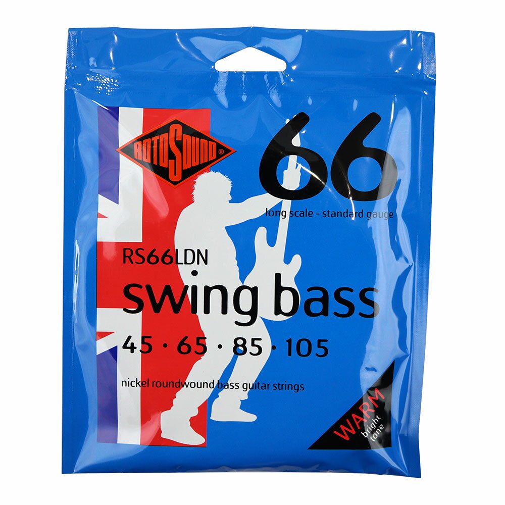 ROTOSOUND RS66LDN Swing Bass 66 Standard 45-105 LONG SCALE エレキベース弦【Swing Bass 66 Standard Nickel Roundwound RS66LDN】RS66LDNは、810mm〜860mm(32〜34インチ)ロングスケールのニッケルコーティングを施したエレクトリック・ベース弦です。明るくパンチの効いたハイエナジーなサウンドを実現するSwing Bass 66シリーズの弦は、ジェームス・ハウとThe Whoのジョン・エントウィッスル(John Entwistle)が完成させたラウンドワウンド弦で、初期のロックミュージックの歴史に大きな影響を与えました。・エレキベース用 Standard・String Gauges: .045 / .065 / .085 / .105・Material: Nickel Roundwound・Tone: Warm・Output: Medium・Made in United Kingdom※ 1セットでの販売です。