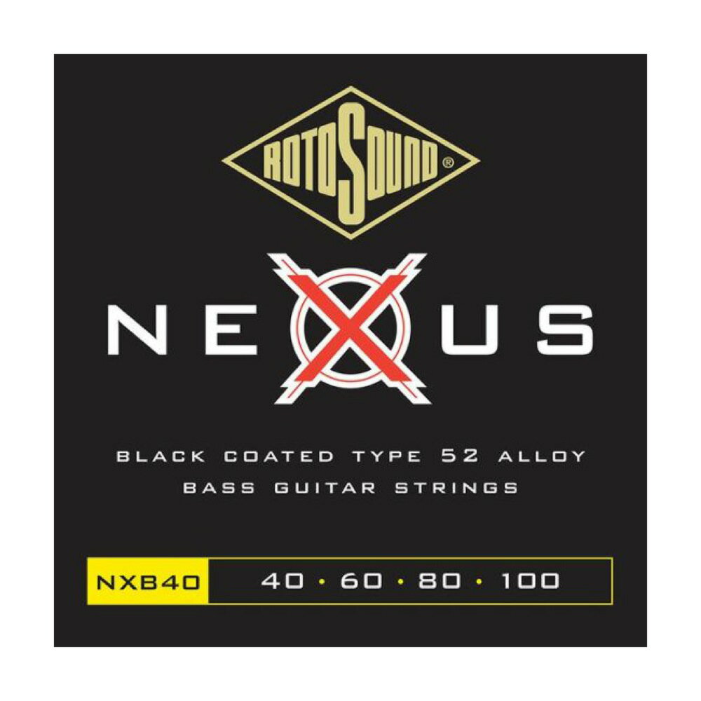 ROTOSOUND NXB40 Nexus Bass Medium Black Coated Type 52 Alloy 40-100 エレキベース弦【Nexus Bass Medium Black Coated Type 52 Alloy NXB40】Nexus BassシリーズのNXB40は、どの季節でも長持ちするエレクトリック・ベース弦です。Type 52合金を使用した巻弦に、シルクのように滑らかなブラック・ポリマーコートを施すことで、リッチな中域に加え、パワーやサステインに優れます。・エレキベース用 Medium・String Gauges: .040 / .060 / .080 / .100・Material: Black Coated Type 52 Alloy・Tone: Balanced・Output: High・Made in United Kingdom※ 1セットでの販売です。