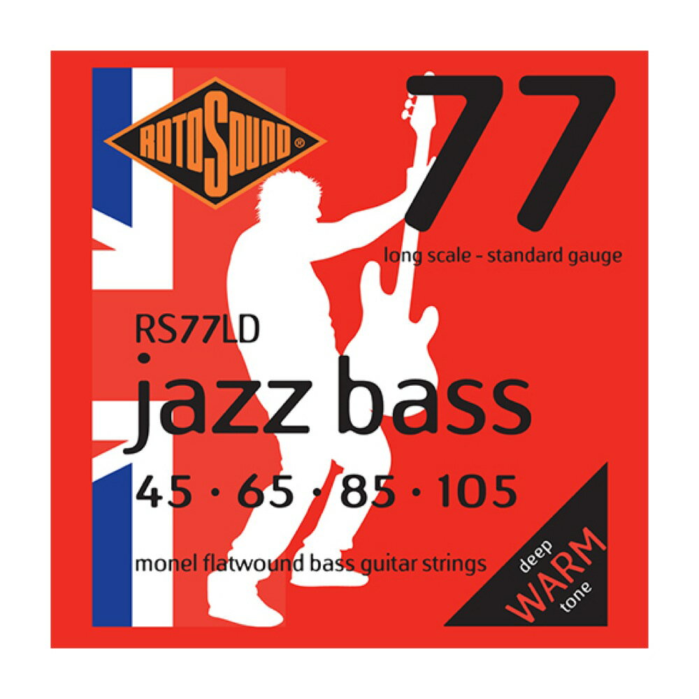 ROTOSOUND RS77LD Jazz Bass 77 Standard 45-105 LONG SCALE エレキベース弦【Jazz Bass 77 Standard Monel Flatwound RS77LD】RS77LDは、810mm〜860mm(32〜34インチ)ロングスケールのエレクトリック・ベース弦です。1966年の発売以来、数々の賞を受賞してきたフラットワウンドのベース弦です。高級合金であるモネル素材で巻かれたベース弦は、より深みのあるサウンドと程よい抵抗感を備えます。・エレキベース用 Standard・String Gauges: .045 / .065 / .085 / .105・Material: Monel Flatwound・Tone: Warm・Output: Medium・Made in United Kingdom※ 1セットでの販売です。