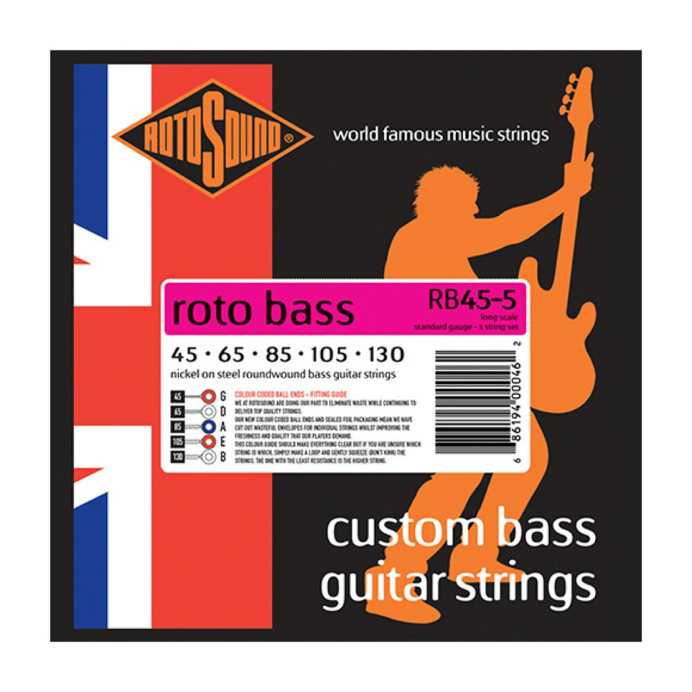 ROTOSOUND RB45-5 Roto Bass Standard 5-Strings Set 45-130 LONG SCALE 5弦エレキベース弦【Roto Bass Standard 5-Strings Set Nickel on Steel Roundwound RB45-5】RB45-5は、810mm〜860mm(32〜34インチ)ロングスケールの5弦用エレクトリック・ベース弦です。品質や音色を犠牲にすることなく設計仕様を簡素化し、クラシックなラウンドワウンド・トーンを実現したニッケル・オン・スチールのベース弦です。・5弦エレキベース用 Standard・String Gauges: .045 / .065 / .085 / .105 / .130・Material: Nickel on Steel Roundwound・Tone: Bright・Output: Medium・Made in United Kingdom※ 1セットでの販売です。