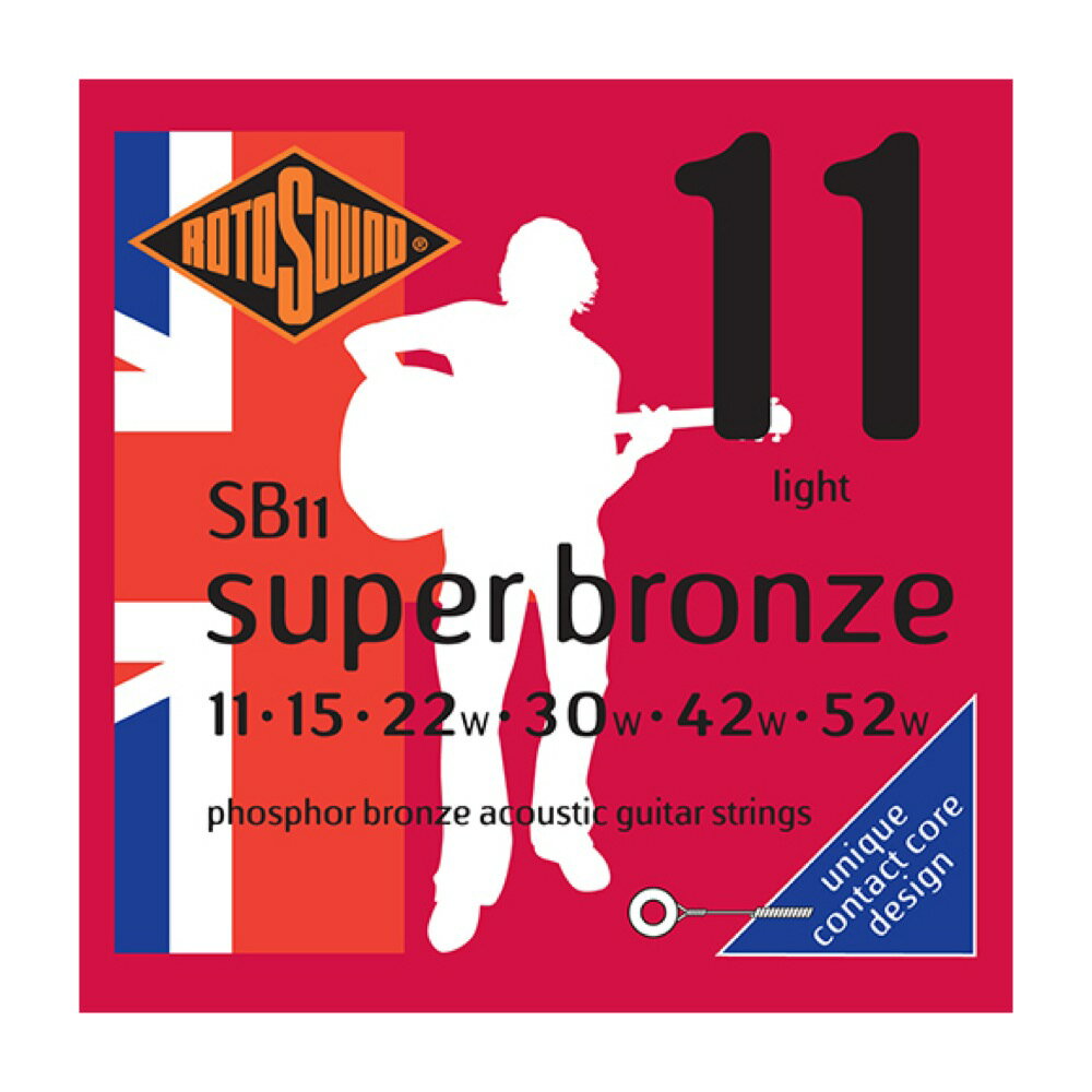 ROTOSOUND SB11 Super Bronze Light 11-52 アコースティックギター弦【Super Bronze Light Phosphor Bronze SB11】SB11は、ロング・サステインとブライトネスを実現するアコースティック・ギター弦です。特許取得済みのピアノ弦設計技術を92/8フォスファーブロンズの巻線に採用することで、比類のないサステインと存在感を実現しています。・アコースティックギター用 Light・String Gauges: .011 / .015 / .022w / .030w / .042w / .052w・Material: Phosphor Bronze・Tone: Bright・Output: Medium・Made in United Kingdom※ 1セットでの販売です。