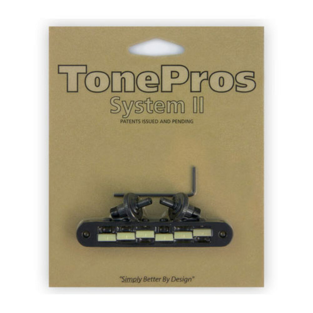 TonePros TP6G-B Standard Tuneomatic small posts, notched “G Formula” saddles ブラック ギター用ブリッジ※サイズ間違いなどがございませんように、サイズを測ってからのご注文をお願い致します。※ギターパーツの取り扱いには、相応の技術と知識が必要になります。自己責任にて取り扱い可能な方のみ、ご検討下さい。取り付け時に起った、楽器及びパーツの破損・損傷等につきましては当店は保証出来ません。あらかじめご了承下さい。※取り付け作業後の商品につきましては、いかなる理由でも返品は受付出来ません。サドルは溝加工無し仕様になっています。TP6G は、ナッシュビル・スモール・ポスト・タイプの TOM(Tune-O-matic)ブリッジです。多くのアメリカ製のギターに搭載可能なブリッジです。このブリッジは 50 年代後半から 60 年代前半のギターサドルに採用されていたナイロン66 を忠実に再現した TonePros 独自の「G Formula」ナイロン 66 素材を使用したサドルで、音質はもちろんサドルにおける滑りも改善されています。また、弦の切れ、摩耗、耐久性が向上しています。注意点図面を参照し、サイズを確認して下さい。ToneProsをギター本体へ加工無しで取り付けができない場合は、楽器店、リペアショップ等にご相談して頂くようお願い致します。無理に交換・取り付けをすることによって、ギターに損傷・故障、また思わぬ怪我をする場合があります。そのような場合、当社ではTonePros商品の不具合以外は保証できかねますのでご了承ください。【Specs】カラーB:ブラックRadius: 約304.8mm / 12” ※1弦ー6弦のサドルのRSaddle material: Nylon66Wrench: 1.5mm