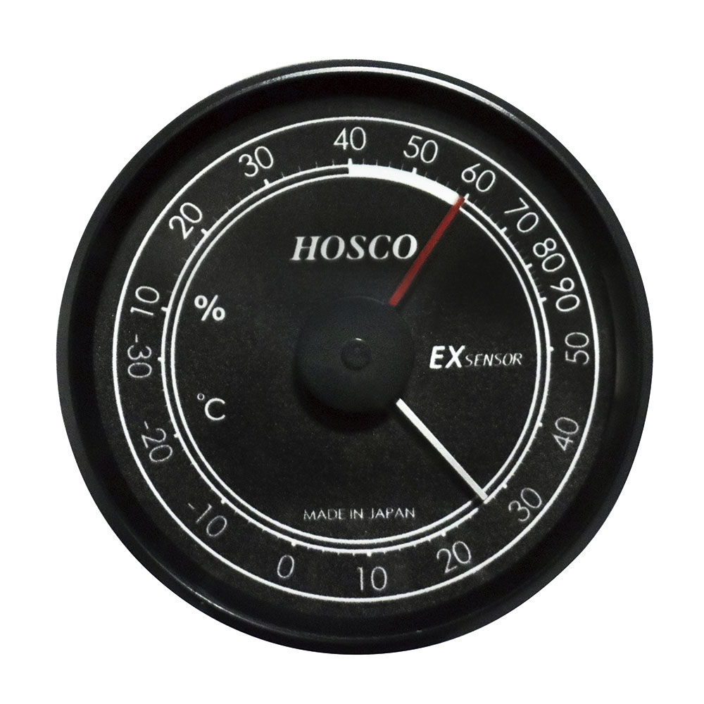 HOSCO H-HT60 温湿度計黒を基調としたシンプルかつ視認性の高い温湿度計です。温度表示を上部に配置し、楽器の適正湿度となる40〜60%を簡単に見ることが出来ます。