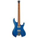 IBANEZ Q52-LBM エレキギター全く新しいヘッドレスギター、”Q”(Quest)シリーズ登場 !!【特徴】Ergonomic body design様々な演奏スタイルに合うように、至る所に施されたコンター加工やカット加工が特長です。複雑でありながらも洗練されたデザインは、最高のプレイアビリティを約束します。Compact and light-weight, yet resonant bodyソリッドボディにも関わらず、驚くほど軽量でコンパクトなボディです。しかし、ふくよかで温かみのあるウッディなトーンは損ないません。Nyatoh bodyボディー材には、ふくよかな中低音域特性に優れるニャトー材を使用。Wizard C 3pc Roasted Maple/Bubinga neck様々な演奏スタイルに対応できるよう、” 厚すぎず””薄すぎない”標準的なネックシェイプです。ローストメイプル材とブビンガ材の3ピース構造により、安定性と耐久性に優れています。Roasted Birdseye Maple fretboardあたかも鳥の目のような独特な模様が入っ たバーズアイ・メイプル材を加熱処理した、 ローステッド・バーズアイ・メイプル材を指 板に採用。加熱処理工程を加えることで、 木材に含まれる余分な水分や油分が抜かれ、 強度が増します。「Q58」 H-H pickups”Q”のために開発されたハムバッカー・ピッ クアップ「Q58」のH-H配列。エフェク ター等でサウンドメイクしやすいよう、全 帯域がバランスよく聴こえるように設計さ れています。低域は濁らずパワフルで、高 域はクリアでありながらもまろやかなサウ ンドです。また、低ノイズでデジタルエ フェクター、アナログエフェクター両方と もに相性抜群です。dyna-MIX10 switching system with Alter Switchミニスイッチの切り替えひとつで、自在に ハムバッカー・モードとシングルコイル・ モードへ切り替えられ、10パターンのサウ ンド・バリエーションを奏でられます。 パワータップモードでは、片方のコイルを タップさせ、もう片方のコイルの低音域を 生かす特殊配線が施された、ただのタップ では得られないクリアな高音域と太くて輪 郭のハッキリしたサウンドが特徴です。 限られた機材で一人何役もこなさなければ ならない現代のギター・プレイヤー向きのス イッチング・システムです。Custom string lockIbanezが新たに開発した”Custom string lock”は、シンプルな一体型構造になって います。 耐久性に優れ、弦の交換も簡単に行えます。 また、専用の弦を必要とせず、お気に入り のゲージやブランドの弦を使うことができ ます。Mono - Tune bridgesイントネーションの調整幅が広く、1音下 げチューニングやそれ以上のダウンチュー ニングも容易に設定できます。弦高の調整 も容易です。サドルを構成している部品数 を極力少なくし、ギター本体の鳴りが生き るナチュラルなサウンドを実現しています。【Spec】Neck Type：Wizard C 3pc Roasted Maple/Bubinga neckBody：Nyatoh bodyFretboard：Roasted Birdseye Maple fretboard　　　　　　w/Mother of Pearl Step off-set dot inlay & Luminescent side dot inlayTuning Machine：Ibanez Custom String LockBridge：Ibanez Mono - Tune bridgeNeck Pickup：Q58 (H) neck pickupBridge Pickup：Q58 (H) bridge pickupSwitch：dyna-MIX10 switching system with Alter SwitchHardware Color：Cosmo black hardwareString Gauge：.010/.013/.017/.026/.036/.046 (D'Addario EXL110)Neck DimensionsScale 648mm/25.5” a : Width at Nut 42mmb : Width at Last Fret 57mmc : Thickness at 1st 21mmd : Thickness at 12th 22mmRadius　305mmR