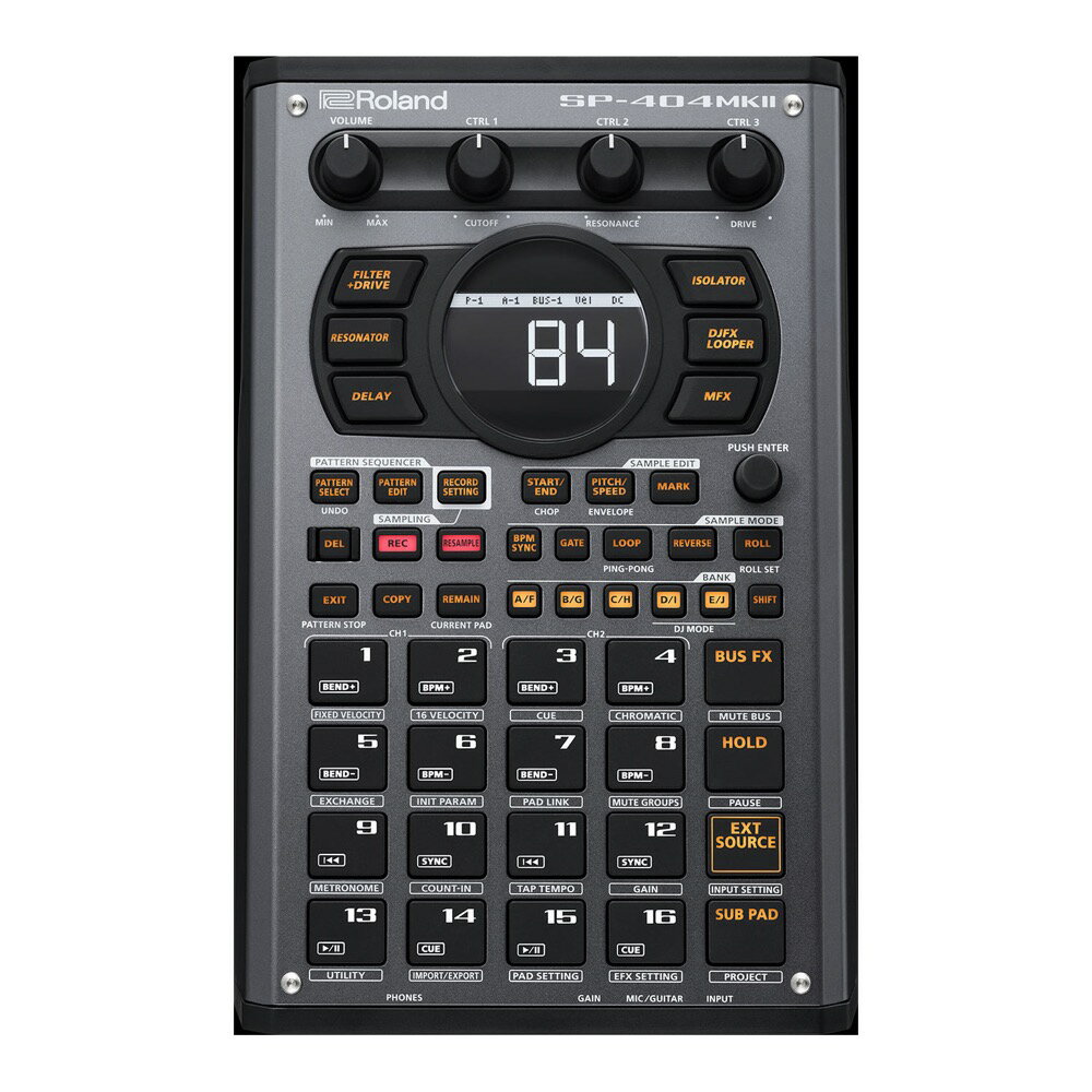 ROLAND SP-404 MK II サンプラー究極のSPの誕生パフォーマンス・ベースのビートメイキングにおいて、まさに最高位に位置するRolandのサンプラーSPシリーズは、その独特のサウンドといつでもどこでも素早くビートを作成できる使い易さから、長年にわたり広く支持されてきました。SP-404MKIIは、コミュニティからのフィードバックと広範な研究開発を通じて誕生した、究極のサンプラーです。鮮やかなOLEDディスプレイをはじめ、表現力豊かな最新のパッド、新規追加のエフェクト、操作性の高いシーケンスとサンプリング・ワークフロー、そして楽曲にインスピレーションを与える即戦力のサウンド・ライブラリを備え、これまでになく高速で優れたパフォーマンスを実現します。【Features】・鮮やかなOLEDディスプレイにより、視覚的な波形編集だけでなく詳細なパラメーター・エディットも容易に・マルチカラー・パッドはベロシティに対応し、スムーズなプレイアビリティを実現・起動時間と読み込み時間の短縮、16 GBの内部ストレージ、低レイテンシー・パッド、迅速なサンプル編集により、ワークフローの高速化を実現・重量1.1kgと超軽量かつコンパクトな本体は、ACアダプターやUSB-Cからの給電、単3電池6本による電池駆動だけでなくUSB-C経由でのモバイル・バッテリー駆動にも対応し、場所を選ばず使用可能・Vinyl SimulatorやDJFX LooperといったSPならではのエフェクトをはじめ、新規追加のLo-fi、Cassette Simulator、Resonatorエフェクト、さらにギター／マイク入力用の専用Vocoder、Auto Pitch、Guitar AmpSimulatorなどの豊富なエフェクトを搭載・32ボイスの最大同時発音数と、プロジェクトごとに160のサンプルを16プロジェクト分保有する内部メモリーにより、パフォーマンスの可能性がさらに拡大・リアルタイムまたはオートでのCHOP、自動BPM検出、ENVELOPE、ピッチ・シフト、および　　RESAMPLEなど、充実の機能でオンボードでのサンプル編集を強力にサポート・高品質かつ即戦力のプリセット・サンプルとパターンを144種ご用意・アルミ製フェイスプレートは取り外しができ、WEBサイト上にはアウトラインのテンプレートをご用意。スクリーンセーバーやスタートアップ・ロゴのオリジナル設定など、豊富なカスタマイズ・オプションをご用意。・入出力端子には、標準タイプのLine in/out、Guitar/Mic input、ステレオ標準タイプおよびステレオ・ミニ・タイプのPhone out、ステレオ・ミニ・タイプのMIDI in/outを装備・多彩なエフェクトを使用した再録音により、詳細なサウンド・デザインを実現する新しいリサンプリング・ワークフロー・直前のパフォーマンスから最大25秒さかのぼってキャプチャする、SKIP BACK SAMPLING・Bus FXを搭載しエフェクト・レイヤーやルーティングのカスタマイズが可能になり、複雑なサウンド・テクスチャの作成にも対応・クオンタイズだけでなくシャッフル・パーセンテージの調整が可能となり、スイングのカスタマイズも実現バンクごとにBPMを設定して楽曲を完成できるパターン・シーケンサーはバッキング・トラックの制作やプログラミング・パフォーマンスに最適・Pattern Chainによる自動再生が可能なほか、PAD LINKを使用すると1度のプレスで最大4つのサンプルをトリガー可能に・DJモードでは、2つのサンプルを自在にミキシングする、ライブ・パフォーマンスへの新しいアプローチを実現・Mac / Windows用のSP-404MKIIエディター・ソフトウェアは、ダイレクトなサンプルへのアクセスで詳細な波形編集を行うことができるほか、サンプルの管理やパッドへの割り当て、MIDIファイルとSP-404SXおよびSP-404Aプロジェクトのインポートが可能【主な仕様】最大同時発音数：32音記憶可能データ：サンプル＝2,560(16サンプル×10バンク×16プロジェクト：内蔵ストレージへ保存)パターン＝2,560(16サンプル×10バンク×16プロジェクト：内蔵ストレージへ保存)内蔵ストレージ：容量 16 GB*プリロードデータを含む最大サンプリング時間：16分 (1サンプルあたり約185MB)スキップ・バック・サンプリング：パフォーマンスの最後から遡り25秒内部データ・フォーマット：16ビット・リニアインポート・フォーマット：WAF/AIFF/MP3※SP-404MKII APP使用時はWAV/AIFF/MP3/FLAC/M4Aに対応サンプリング周波数：48kHzパターン・シーケンサー：分解能＝480ティック／4分音符パターン小節長＝1〜64小節レコーディング方法＝リアルタイム・ループ・レコーディング(シャッフル・クオンタイズ可)エフェクト：マルチ・エフェクト: 37種類インプット・エフェクト: 16種類パッド16個＋サブ・パッド×1(ベロシティ・センシティブ・パッド)コントローラー：コントロールつまみ×3ディスプレイ：グラフィックOLEDディスプレイ外部ストレージ：SDカード(別売)によるバックアップ、リストア、インポート、エクスポート機能(SDHC対応)接続端子：PHONES 端子：ステレオ標準タイプLINE OUT端子(L/MONO, R):標準タイプ(TRS バランスタイプ)LINE IN端子(L/MONO, R): 標準タイプMIC/GUITAR IN端子: TRS標準タイプ(MIC) , 標準タイプ(GUITAR)MIDI (IN, OUT) 端子: (ステレオ・ミニタイプ)USB 端子：USB C type(オーディオ、MIDI)DC IN 端子電源：AC アダプターUSBバスパワー(USB Type-Cポート、1.5A以上)ニッケル水素電池単3形×6アルカリ乾電池単3形×6消費電流：1,100 mA (ACアダプター)1,500 mA (USBバスパワー)連続使用時の電池の寿命：アルカリ電池(単 3 形)：約 2.5時間ニッケル水素電池(単 3 形)：約 3.5 時間※電池の仕様や使用状態によって異なります。アクセサリー：クイックスタート「はじめにお読みください。」リーフレットローランド ユーザー登録カードACアダプター保証書別売品：TRS/MIDI接続ケーブル: BMIDI-5-35: BMIDI-5-35, BMIDI-1-35, BMIDI-2-35, BCC-1-3535, BCC-2-3535外形寸法/質量外形寸法：177.5mm (幅) x 275.8mm (奥行き) x 70.5mm (高さ) mm重量(ACアダプターを除く)：1.1 kg