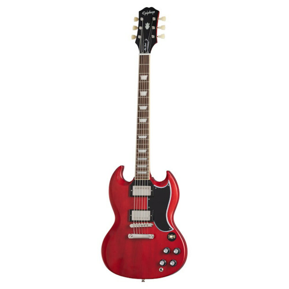 Epiphone 1961 Les Paul SG Standard Aged Sixties Cherry エレキギター※ご購入後、15日以内に必ず同梱されるユーザー登録カードに必要事項をご記入の上、ギブソン・ジャパンへご郵送下さい。ユーザー登録したご本人に限り、メーカー規定の故障に対してのみ、無期限での保証が提供されます。ギブソン・カスタムショップとのコラボレーションにより、歴史上最も重要で人気のあるギターデザインのひとつをエピフォンがInspired by Gibsonモデルとして見事に再現しました。エピフォン 1961 Les Paul SG Standardは、伝説的なオリジナルSGに敬意を表しています。1961年、レスポール・モデルのオリジナル・シェイプは廃止され、SG(ソリッド・ギター)として今日知られている全く新しいデザインに変更となりました。2ピースのソリッド・マホガニー、ダブル・カッタウェイ・ボディにはカスタムショップの意匠を活かしたベベル処理が施され、ネック側は伝説的な初期のレスポールSGモデルに採用された1ピース・マホガニー、スリムテイパーCシェイプ・ネック・プロファイルが採用されています。往時の仕様に倣ったロング・ピックガード、CTSポテンショメータとMalloryコンデンサで配線されたGibson BurstBuckerハムバッキング・ピックアップ、Graph Techナット、Switchcraftアウトプット・ジャックとトグル・スイッチ等、ルックスと実用性の両面において抜かりない仕上がりです。チューナーのつまみ部分では歴史的なダブルリングデザインを採用。カラーはエイジド・シックスティーズ・チェリーとエイジド・クラシック・ホワイトをラインアップ。伝説的なSGのスタイリング・外観をすべて備え、ヴィンテージスタイルのハードシェルケースが付属となります。【Spec】Body Shape：SGBody Material：2 Piece Solid MahoganyBinding：Single Ply Cream, FretboardFinish：Aged GlossNeck Material1 Piece MahoganyProfile：SlimTaper CScale Length：24.75"Fingerboard Material：Indian LaurelFingerboard Radius：12"Number Of Frets：22Frets：Medium JumboNut Material：Graph TechNut Width：1.693"Inlays：Pearloid TrapezoidJoint：Glued In, Set NeckHardware Finish：NickelTuner Plating：NickelBridge：Epiphone LockTone Tune-O-MaticTailpiece：Epiphone LockTone Stop BarTuning Machines：Epiphone Deluxe, Double RingPickguard：5-ply Black, Long SG StyleTrussRod：2-way AdjustableTruss Rod Cover："Bell Shaped" 2-ply (Black/White), 3-hole;"LES PAUL"Control Knobs：Black Top Hats with InsertsSwitch Tip：CreamSwitchwasher：Black - Rhythm/Treble ： Gold Hot StampControl Covers：Black with Silver Epiphone / Gibson CustomHot StampStrap Buttons：2 - Bottom and Below HeelMounting Rings：BlackPickup Covers：NickelNeck Pickup：Gibson BurstBucker 2Bridge Pickup：Gibson BurstBucker 3Controls：2 Volume, 2 Tone, CTS potentiometers,Mallory CapacitorsPickup Selector：3-Way Switchcraft ToggleOutput Jack：1/4" SwitchcraftCase：Vintage Style Hardshell Case Included