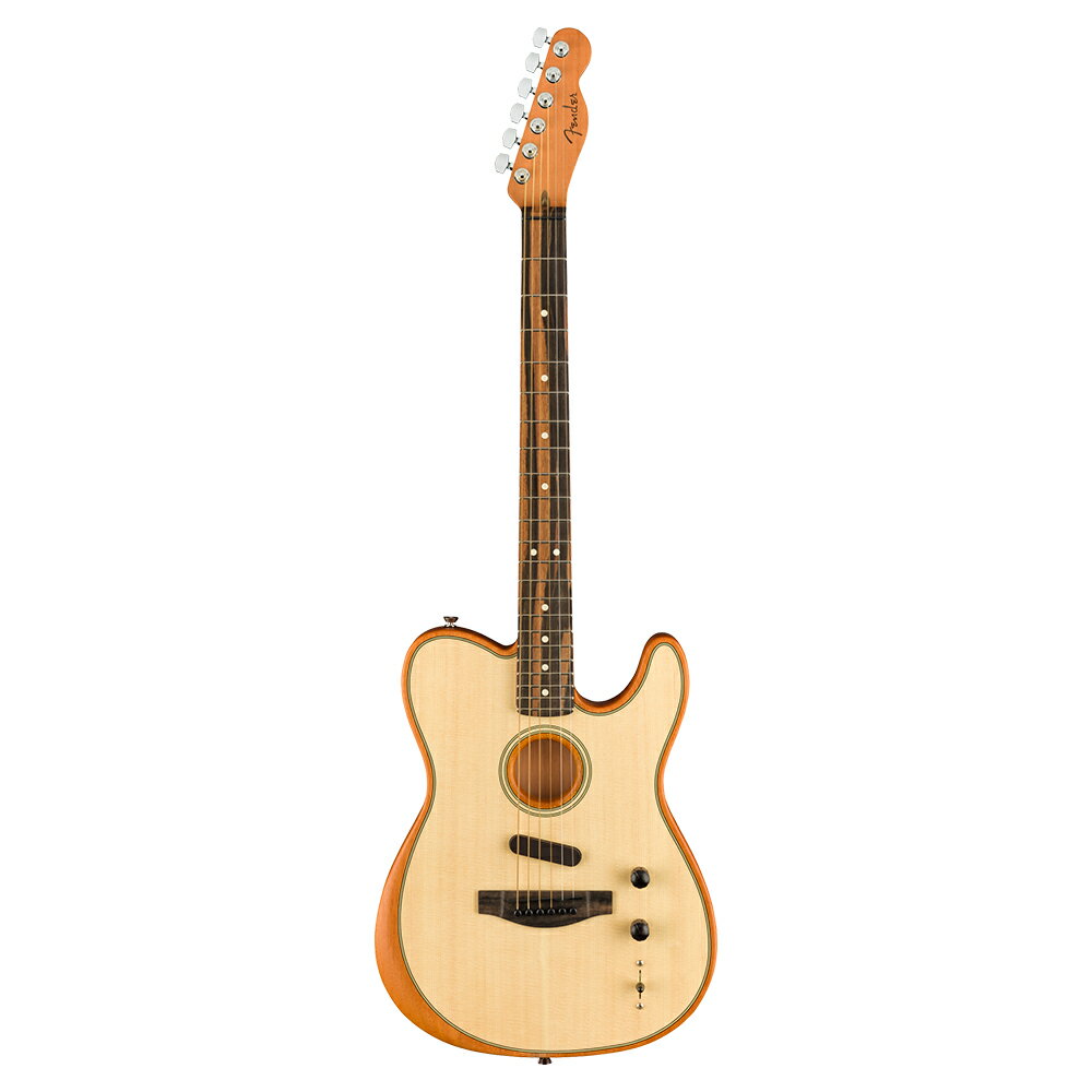 Fender American Acoustasonic Telecaster Natural エレクトリックアコースティックギター エレアコギター※木素材の木目は個体によって異なります。個体によって掲載画像のストライプのような木目がある場合もあればない場合もございます。個体はお選びいただけません。あらかじめご了承ください。American Acoustasonic Telecasterは常に進化を続けるフェンダーの精神を体現し楽器です。Fishmanと共同開発した強力なサウンドプロセッサーを内蔵し、スタジオワーク/ライブパフォーマンスの両方において、幅広いアコースティックギターのトーンとエレクトリックギターのトーンを融合した、全く新しいユニークな表現を実現します。Acoustasonic Telecasterはアーティストのインスピレーションを駆り立てるエレガントでシンプルな製品設計となっています。オーガニックなプレイアビリティと近未来テクノロジーを両立し、音楽の領域を広げる可能性に満ち溢れています。コンター加工を施したホローボディ内には、特許申請中のStringed Instrument Resonance System(SIRS)テクノロジーを搭載し、迫力のあるナチュラルなヴォイシングと生き生きとした倍音が得られます。Acoustasonic Telecasterは、アコースティックギターをステージで使用する際にプレイヤーとエンジニアを悩ませるフィードバックや楽器を持ち替えた際のサウンドセッティングなどのチャレンジングな要素の多くを排除する工夫が組み込まれています。その要となっているのが、Fishmanと共同開発したサウンドプロセッサーです。ギターのナチュラルなサウンドを最適化しながらレゾナンスをモディファイすることで、ユニークなサウンド設計を可能にします。2種類のアコースティックピックアップが生み出す多彩なアナログギタートーンと、Acoustasonic Noiselessピックアップが生み出すエレクトリックギタートーンは、Modノブを使用することでブレンドでき今までにないサウンドをシンプルに作り上げることができます。Acoustasonic Telecasterはフェンダーのアイコニックな製品を数多く生み出してきたカリフォルニア州のコロナ工場でハンドメイドされています。Acoustasonic Telecasterはサウンドと表現の新たな境地を切り拓く、大胆不敵なアーティストのために作られた、次世代の楽器です。【スペック】・カラー：Natural・原産国：US・オリエンテーション：Right-Hand・シリーズ：American Acoustasonic・Fingerboard Material：Ebony・フィンガーボードラジアス：12" (305 mm)・ネックフィニッシュ：Satin Urethane・ネック：Mahogany・ネックシェイプ：Modern "Deep C"・フレット数：22・ナットの素材：Graph Tech TUSQ・ナット幅：1.6875" (42.86 mm)・ポジションインレイ：White Dot・ナット：Graph Tech TUSQ・トラスロッド：Bi-Flex・トラスロッドナット：1/8" American Series・ボディ：Mahogany・ボディバック：Mahogany・ボディフィニッシュ：Polyester Satin Matte・ボディ素材：Mahogany・ボディシェイプ：Modified Telecaster・ボディサイド：Mahogany・Body Style：Modified Telecaster・ボディトップ：Solid A Sitka Spruce・ブレイシング：Transverse・Cutaway：Yes・Purfling：Black/Cream/Black・ロゼット：2-Ring B/W/B・Sound Hole：WaterFall Sound Port・ブリッジ：Modern Asymmetrical・Bridge Pins：GraphTech Tusq・ハードウェアフィニッシュ：Chrome・ピックガード：None・Strap Buttons：American Series・ストリング：Fender Dura-Tone 860CL Coated Phosphor Bronze (.011-.052 Gauges), PN 0730860405・チューニングマシーン：Fender Standard Cast/Sealed Staggered・コントロール：Master Volume, "Blend" Knob, 5-Way Switch・Special Electronics：3-pickup configuration: Under-Saddle Piezo/Internal Body Sensor/N4 Magnetic・フレットサイズ：Narrow Tall・スケール：25.5" (648 mm)・ソフトケース付き