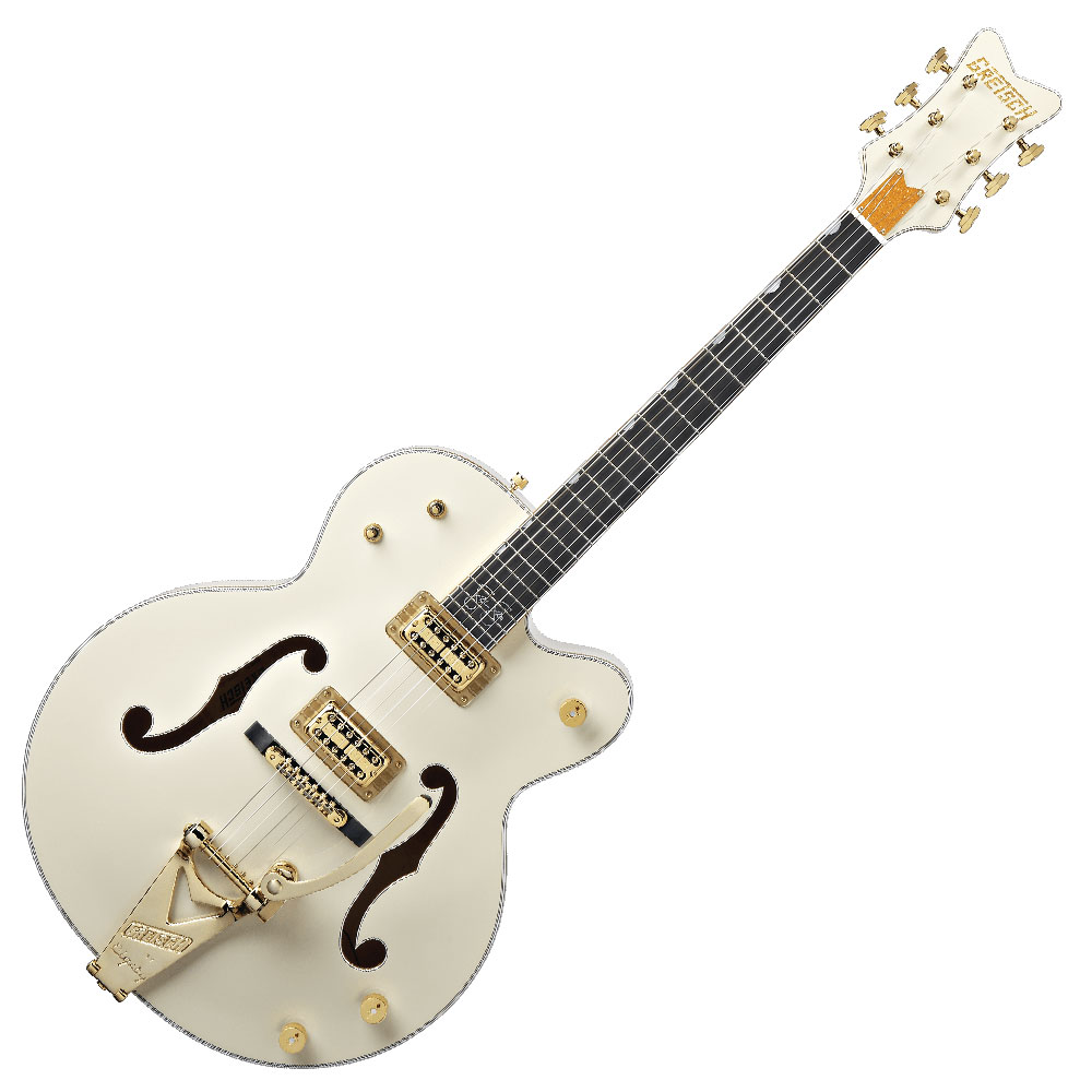 GRETSCH グレッチ G6136-1958 Stephen Stills Signature FalconTM Hollow Body with Bigsby エレキギター フルアコースティックギターこの楽器は、スティーヴン・スティルスのオリジナルFalconTMのエイジド・フィニッシュを反映したモデルです。仕様の特徴として、ゴールドスパークル・バインディングと特大のFホールを備えたメイプルボディ、3ピース・メイプルネック、Neo-ClassicTMインレイを備えたエボニー指板を採用。指板18フレットと21フレットの間にスティルスのサイン・インレイが施され、2基のHigh Sensitive Filter’TronTMPUをマウントしています。その他に、クラシックなトーンスイッチ回路、赤いラインストーンマーカー付きFalconボリュームノブ、GroverImperialTMチューナー、ゴールドスパークルのグレッチ・ヘッドストックロゴ、ゴールドメッキのアジャスタブルブリッジ、Bigsby B6Gビブラートテールピースを搭載しています。【Spec】Series：Professional CollectionBody Material：Laminated MapleBody Finish：Gloss UrethaneNeck：Maple,Neck Finish：Gloss UrethaneFingerboard：Ebony, 9.45” (240 mm)Frets：22, Vintage SmallPosition Inlays：Pearloid Neo-ClassicTM Thumbnail (Ebony)Nut (Material/Width)：Synthetic Bone, 1.6875” (42.86 mm)Tuning Machines：Grover ImperialTM Die-CastScale Length：25.5” (648 mm)Bridge：Adjusto-MaticTM with Ebony BasePickguard：Gold Plexi with Black Gretsch LogoPickups：High Sensitive Filter’TronTM (Bridge), (Middle), High Sensitive Filter’TronTM (Neck)Pickup Switching：3-Position Toggle：Position 1. Bridge Pickup, Position 2. Bridge and Neck Pickups, Position3. Neck PickupAuxiliary Switching:3-Position Master Tone Switch：Position 1. Medium Level, High Frequency Roll Off, Posi-tion 2. Switch Out of Circuit, Pickup Wide Open, Position 3. Slight Level, High FrequencyRoll OffControls：Volume 1. (Neck Pickup), Volume 2. (Bridge Pickup), Master VolumeControl Knobs：Jeweled “G”Hardware Finish：Gold-PlatedStrings：Nickel Plated Steel (.010-.046 Gauges)Case/Gig Bag：Included G6242L Gretsch 17” Deluxe Hollow Body Hardshell (p/n 099-6413-000)