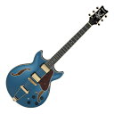 IBANEZ AMH90-PBM Artcore Expressionist エレキギターARTCORE(アートコア)のアップグレード・シリーズ、Ibanez Artcore Expressionist小振りな”AM”シェイプでありながらフル・ホロウ構造を実現したAMHボディです。【特長】■ ”AM”シェイプかつフル・ホロウ構造を実現したAMHボディASよりもやや小振りで抱えやすいサイズの”AM”シェイプです。センターブロックなしのフル・ホロウ・コンストラクション(※ ブリッジ下部にのみ、アンカー固定用のウッド・ブロックを設置)を採用し、抱えやすく扱いやすいコンパクトなサイズ感と、豊かなボディ鳴りを両立したモデルです。■ マカッサル・エボニー材指板エボニー材と似た特徴を持ち、硬質で音の立ち上りに優れています。■ Gibraltar Performerブリッジサドルの前後調整ネジをテールピース側に配置した構造のZinc製ブリッジです。テールピース側からドライバーを差し込む構造を採用したことで、サドルの前後調整をより簡単に行うことができます。■ 70年代後半からIbanezのオリジナル・ピックアップとしてプロの定評を集めてきたSuper'58ピックアップアルニコ・マグネットを採用し、ウォームなトーンとレスポンスの良さが心地よい定番ピックアップです。■ ネック・ピックアップのサウンド・バリエーションを拡げるTri-soundスイッチ搭載ミニ・スイッチで「シリーズ⇔コイルタップ⇔パラレル」の3パターン接続を選択可能です。【Specs】・neck type：AM Expressionist 3pc Nyatoh / Maple set-in neck・body：Linden top & back & sides・fretboard：Bound Macassar Ebony fretboard w/Abalone dot inlay・fret：Medium frets・bridge：Gibraltar Performer bridge・tailpiece：VT06 tailpiece・neck pickup：Super 58 (H) neck pickup・bridge pickup：Super 58 (H) bridge pickup・switch：Tri-sound switch (for neck pickup)・string gauge：.010/.013/.017/.030/.042/.052 (D'Addario EXL140)・hardware color：Gold【Neck Dimensions】・Scale：628mm・Width at Nut：43mm・Width at Last Fret：57mm・Thickness at 1st：21mm・Thickness at 9th：24mm・Radius：305mmR【Body Dimensions】・Length：17 5/8”・Width：14 1/2”・Max Depth：2 5/8”・カラー：Prussian Blue Metallic・ソフトケース付属