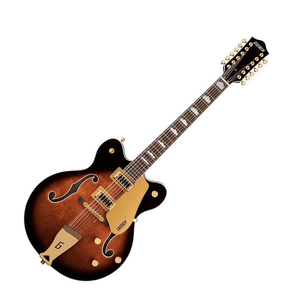 GRETSCH G5422G-12 Electromatic Classic Hollow Body Double-Cut 12-String SBB 12弦ギター エレキギタークラシックな'50年代や60年代のGretschサウンドとスタイルにインスパイアを受けた、全く新しいElectromatic Classic Hollow Bodyギターです。定番のGretschホロウボディが響かせるサウンド、スタイル、そしてプレイアビリティを備えたこのモデルはネクストレベルを目指すギタリストに最適です。60年代に旋風を巻き起こした時と同じく、G5422G-12 Electromatic Classic Hollow Body Double-Cut 12-String with Gold Hardwareは、フルホロウボディにゴールドのハードウェアを採用し、クラシックな12弦の煌めくサウンドをFilter Tronが響かせます。他のElectromaticギターと同様に、古き良きロックンロールギターが世に誕生したときから変わらぬ、向かうところ敵なしの本物のサウンドを届けてくれます。本モデルはヴィンテージにインスパイアやされた洗練されたアーチを備えたラミネートメイプルボディに、不要なフィードバックノイズを軽減する全く新しいトレッスルブロックブレース設計を採用しています。ボディトップとバックの間に強度の高い接着を施した、新しいトレッスルブロック設計は、より的確でスナップの効いたトーン、より伸びやかでスピーディなレスポンスで攻撃力の高いサウンドをもたらします。全く新しいFT-5E Filter Tronピックアップと相まって、このホロウボディサウンドは強力なフルボディパンチを放ち、クラシカルな煌びやかさと増強された存在感、明瞭で正確なプレイを加速させます。全く新しいクラシック「C」シェイプのメイプルネックは、プレイアビリティとパフォーマンスを向上させ、快適な演奏感をもたらす、12インチラジアスのローレル指板を備えています。その他、トレブルブリードサーキットとマスターボリュームを含む、様々なアップグレードを施されたコントロール部を持ち、 マスタートーン、個々のピックアップボリュームコントロールと3ポジションピックアップトグルスイッチ、特大のバウンドFホール、マルチプライボディバインディング、バインディング加工された50年代後半の小ぶりなG6120バウンドヘッドストック、ヴィンテージスタイルのオープンバックチューニングマシン、Graph Tech NuBoneナット、パールロイドのHump Blockインレイ、安定したAdjusto-Maticブリッジ、グレッチGカットアウトテールピースを備えています。【スペック】・カラー：Single Barrel Burst・原産国：CN・オリエンテーション：Right-Hand・シリーズ：Electromatic・Fingerboard Material：Laurel・フィンガーボードラジアス：12" (305 mm)・ヘッドストックバインディング：・ネック：Maple・ネックフィニッシュ：Gloss・ネック：Maple・ネックシェイプ：Classic "C"・フレット数：22・ナットの素材：Graph Tech NuBone・ナット幅：1.77" (45 mm)・ポジションインレイ：Pearloid Hump Block・サイドドット：・ナット：Graph Tech NuBone・ボディ：Laminated Maple・ボディバック：Arched Laminated Maple・ボディバインディング：White with B/W/B Purfling・ボディフィニッシュ：Gloss・ボディ素材：Laminated Maple・ボディシェイプ：Electromatic Hollow Body・Body Style：Gretsch Hollow Body Guitars・ボディトップ：Arched Laminated Maple・ブレイシング：Trestle Block・Cutaway：Double Cutaway・Sound Hole：F-Holes, Bound・ウェイスト：9.75" (248 mm)・ブリッジ：Adjusto-Matic with Secured Laurel Base・ブリッジカバー/テイルピース：Gretsch G-Cutout Tailpiece・Bridge Mounting：Secured・コントロールノブ：G-Arrow・ハードウェアフィニッシュ：Gold・ピックガード：Gold Plexi with Black Gretsch and Electromatic Logos・Pickup Covers：Gold・Strap Buttons：Gretsch Knurled Strap Retainer Knobs・ストリング：Nickel Plated Steel (.011-.049 Gauges)・チューニングマシーン：Die-Cast Sealed・ブリッジピックアップ：FT-5E Filter’Tron・コントロール：Volume 1. (Neck Pickup), Volume 2. (Bridge Pickup), Master Volume with Treble Bleed, Master Tone・ネックピックアップ：FT-5E Filter’Tron・ピックアップコンフィギュレーション：Filter'Tron / Filter'Tron・Switching：3-Position Toggle: Position 1. Bridge Pickup, Position 2. Bridge And Neck Pickups, Position 3. Neck Pickup・ケース付き