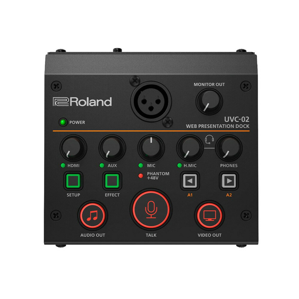 ROLAND UVC-02 WEB PRESENTATION DOCK オンラインプレゼンテーション用ミキサーいつものWeb会議やプレゼンテーションを高品質の映像と音声で届ける近年、Web会議によるコミュニケーションはビジネスからプライベートまで身近なものになっています。PC内蔵のWebカメラやマイクは、手軽に使用できる一方、商品の細部を見せたり、会話から情報以上の想いやメッセージを伝えるためのクオリティとしては物足りない一面もあるでしょう。RolandのWebプレゼンテーション・ドックUVC-02はシンプルな設定で高品質の映像と音声をPCに送り、伝えたいイメージやメッセージをしっかりと聞き手に届けることで、オンラインによるコミュニケーションをこれまで以上に充実したものにすることができます。プレゼンテーションに集中できる環境をサポートUVC-02は自宅のデスクに置けるコンパクト・サイズながら、Web会議の映像と音声の品質をアップグレードする強力なコントロール・センターです。HDMI出力を持ったカメラやマイク、その他必要なオーディオ機器をUVC-02に集約し、1本のUSBケーブルでPCに接続。Web会議用アプリケーションに直接送出できます。本体のノブやボタンには、音量の調整やスライドのページ送りなど、PCのアプリケーションを操作する機能も備わっています。マウスやキーボードなどいくつもの機器の操作に追われる心配はなく、プレゼンテーションに集中することができます。特徴・プロ品質の映像機器と音響機器の接続に対応。Web会議などのオンライン・コミュニケーションのクオリティを向上するデスクトップ用ドッキング・ステーション・デジタル一眼レフをはじめとした高画質カメラや、高音質マイク、オーディオ機器の接続が可能・HDMI入力はエンベデット・オーディオをサポート。さらにスケーラー機能の搭載により、さまざまな解像度の映像入力に対応・ローランドが培ってきたデジタル・オーディオ・テクノロジーによりプロ品質のオーディオ送出を実現・Web会議用アプリケーションにはWebカメラとして自動認識。接続後、すぐに使える安心設計・マイク専用の音声効果やローランドならではのボイスチェンジ・エフェクトを搭載。高いクオリティのオンライン・コミュニケーションを実現・音量の調整や、映像や音声のミュートも手元で直感的にコントロール・macOS / Windows用のUVC-02アプリケーションにより、アプリケーションからコントロールおよびカスタマイズが可能つなぐだけですぐに使えるUVC-02を使用するために専用のデバイス・ドライバーは必要ありません。USBケーブルでPCに接続するだけで、PCではWebカメラやオーディオ・デバイスとして認識され、ZoomやMicrosoft Teams、Webex by CiscoをはじめとしたWeb会議やライブ配信をすぐに始めることができます。Web会議の映像を高画質にUVC-02はHDMI出力のあるカメラと繋ぐだけで、PC内蔵カメラやWebカメラの映像にはない、映像品質を向上させることが可能です。高品質な映像でWeb会議やライブ配信の画質を向上させます。小型のアクション・カメラや高品質のミラーレス・カメラ、デジタル一眼レフなど、HDMI出力のあるカメラの選択肢は多く、Webカメラよりも優れた描写性能を持ったカメラ映像を使うことで、見る側を惹きつける映像を届けることができます。HDMIでカメラと接続色調、シャープネス、フォーカスの向上により、映画的な映像も。UVC-02 Web Presentation Dock簡単セットアップHDMIでカメラとつなぐだけ。専用のデバイス・ドライバーは必要ありません。UVC-02 Web Presentation Dock映像をオン/オフボタン1つでWeb会議の映像オン／オフ・コントロールを。高音質を実現Web会議やライブ配信 において非常に重要な要素となるのは音質です。UVC-02にはローランドがこれまでプロの世界で培ってきた音声技術を活用。内部にあるスタジオ・グレードのデジタル・ミキサーによって臨場感のある音声を送出することができます。高性能マイクで良い音声放送やレコーディング・スタジオなどのプロフェッショナルな現場では、演者の声をベストな状態で収録するため高性能なマイクが使用されています。UVC-02はXLR入力を装備し、ファンタム電源にも対応。プロ品質のコンデンサー・マイクを使うこともできるので、高品質の音声を視聴者に届けることができます。ヘッドフォンで音声チェックUVC-02にはヘッドフォン端子と、外部スピーカーやレコーダーなどに接続可能なステレオのモニター・アウトを装備。それぞれの音量を調整できる専用のつまみを装備し、聞こえやすい音量に素早く調整できます。ヘッドフォン端子は、ヘッドセットをはじめとしたインライン・マイクもサポート。音声レベルを調整する専用のつまみで、最適な音量で確認することができます。Web会議やライブ配信に「楽しさ」を演出Web会議の待ち時間や、ライブ配信のBGMなど、音楽による演出が求められる場面も多いでしょう。オンライン・コミュニケーションにおいて静寂が長くなることは敬遠されます。UVC-02は外部音声入力もサポート。スマートフォンやメディア・プレーヤーをAUX 端子に接続しBGMを再生すれば、いつものWeb会議やプレゼンテーションを内容にあった雰囲気に演出し、視聴者を飽きさせません。ワンタッチで音声オフWeb会議でミュートの解除を忘れたまま話を始めてしまった経験は誰しもが持っていることでしょう。UVC-02はトップ・パネルに大きなトーク・ボタンを装備。押すだけですぐに自分の音声をオン／オフすることができます。ボタンのバックライトが点灯するので、音声がいつオン状態であるかすぐに判別できます。心地よい声に仕上げるUVC-02はスタジオで使われているプロフェッショナル品質のイコライザーとオーディオ・エフェクトを搭載。音声品質をより高めてくれます。すぐに使える便利なエフェクト・プリセットもご用意。プリセットの設定を微調整し、より聴きやすい音声へ仕上げることもできます。聞き取りやすいクリアな音声UVC-02は、Web会議時の音声に有効なエコー・キャンセル機能とノイズ・リダクション機能を搭載。騒音など周囲の環境音を気にすることなくプレゼンテーションに集中し、聞き手にもクリアな音声を届けることができます。効果音で盛り上げるUVC-02に搭載されたボイスチェンジ・エフェクトを使用すると、自分の声を男性のような低い声や女性のような高い声、さらにロボット・ボイスへ変えることができます。また、プリセットに内蔵されている拍手や歓声などの効果音を鳴らすほか、オリジナルの効果音を再生することもできます。音の演出で場を盛り上げます。カスタマイズでよりスマートな操作性能をUVC-02にはmacOS / Windows対応の専用ソフトウェアをご用意。ソフトウェアを活用することで、例えばPowerPointのスライド操作や効果音の再生など、お好みの機能をUVC-02のA1 / A2ボタンに割り当てることができます。Web会議時にワンタッチでコントロールすることができるので、より快適にWeb会議を進行することができます。 * PowerPointスライドコントロールはWindowsのみ対応。マルチ・カメラ接続をワイヤレスで実現UVC-02はiPad専用アプリケーション AeroCaster Switcherに対応。モバイル・デバイスを利用したワイヤレス環境でのマルチ・カメラ接続を実現します。AeroCaster Switcherは、スマートフォンやタブレットのカメラをサテライト・カメラとして最大4台分、ワイヤレスでiPadへ映像を集約。AecoCaster Switcher上で集約された映像を確認しながら、映像のコントロールや切り替えを行うことができます。iPadから出力した信号をUVC-02のHDMI入力に接続すれば、マルチ・カメラを使用したWeb会議が実現。スマートフォンやタブレットの高画質なカメラを利用でき、ワイヤレス接続ならではの離れた場所でのマルチ・カメラ配信など様々な場面で活躍します。【Spec】■映像●入力端子HDMI IN端子：HDMIタイプA※HDCP非対応※マルチフォーマット対応●入力映像フォーマット480/59.94p、576/50p、720/59.94p、720/50p、1080/29.97p、1080/25p、1080/59.94p、1080/50p、SVGA（800×600）60Hz/75Hz、XGA（1024×768）60Hz/75Hz、WXGA（1280×800）60Hz/75Hz、HD（1280×720）60Hz/75Hz、SXGA（1280×1024）60Hz/75Hz、FWXGA（1366×768）60Hz/75Hz、SXGA＋（1400×1050）60Hz/75Hz、UXGA（1600×1200）60Hz、FHD（1920×1080）60Hz※リフレッシュ・レートは、各解像度の最大値※CEA-861-E、VESA DMT Version 1.0 Revision 11準拠●出力端子USB STREAM端子：USB 3.0 Bタイプ●USB映像出力フォーマットYUY2（非圧縮）、Motion JPEG（圧縮）●USB映像出力解像度1920×1080、1280×720、640×480※フレーム・レートは、最大60fps■音声●音声処理サンプル・レート 48kHz、24ビット●アナログ音声接続端子MIC端子：XLRタイプ （バランス、ファンタム電源 DC 48V、14mA Max）HEADSET端子：ステレオ・ミニ・タイプ（CTIA, プラグイン・パワー対応）AUX IN端子：ステレオ・ミニ・タイプMONITOR OUT端子：ステレオ・ミニ・タイプ●デジタル音声接続端子HDMI IN端子：HDMIタイプAUSB STREAM端子：USB3.0 Bタイプ●規定入力レベルMIC IN端子：-54dBu〜-14dBu（最大入力レベル：+4dBu）HEADSET端子：-20dBu（最大入力レベル：-2dBu）AUX IN端子：-10dBu（最大入力レベル：+8dBu）●規定出力レベルMONITOR OUT端子：-10dBuHEADSET端子：9mW＋9mW（32Ω負荷時）●入力インピーダンスMIC IN端子：5.8kΩAUX IN端子：10kΩHEADSET端子：1kΩ●出力インピーダンスMONITOR OUT端子：1kΩHEADSET端子：22Ω●デジタル音声フォーマットHDMI IN端子：リニアPCM、48kHz／44.1kHz、24ビット／20ビット／16ビット、ステレオUSB STREAM端子：リニアPCM、48kHz、16ビット、ステレオ●音声エフェクトアンチフィードバック、エコーキャンセラー、ダッカー、ボイスチェンジャー、リバーブ、ノイズサプレッサー、イコライザー、エキスパンダー、コンプレッサー、ディレイ●音声ファイル再生機能トラック数：2対応データ・フォーマット：WAV（リニアPCM、48kHz、16ビット、ステレオ／モノラル）最大再生時間：5秒/トラック■共通部●その他機能- マイク・ミュート（TALKボタン）- オーディオ・ミュート（AUDIO OUTボタン）- ビデオ・オフ（VIDEO OUTボタン）- スライドショー制御●電源USB STREAM端子より取得●消費電流900mA（4.5W）●動作温度0〜+40℃●外形寸法124（幅）×117（奥行）×52（高さ）mm●質量（本体のみ）460g●付属品チラシ「始めにお読みください」USB3.0ケーブル