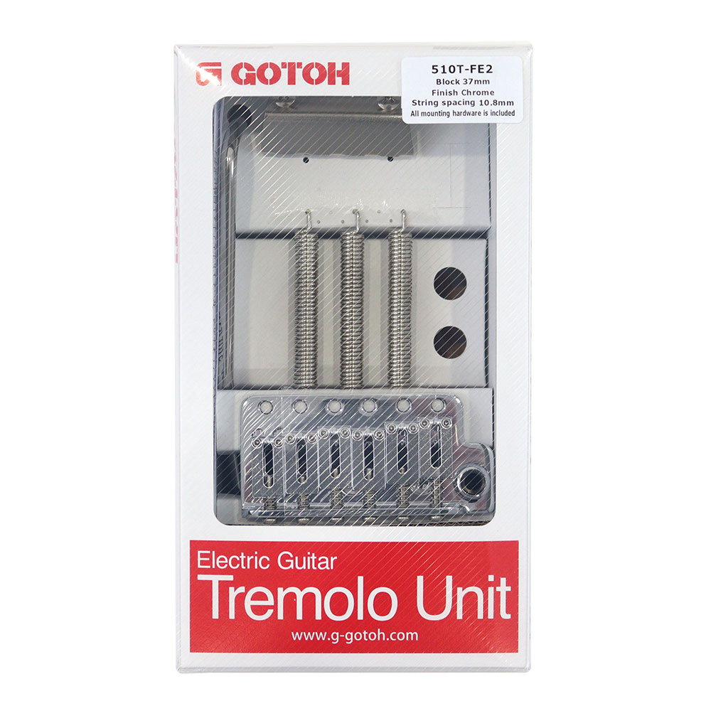 GOTOH 510T-FE2-C 37mm Block ギター用トレモロユニット クローム 6点止め※ギターパーツの取り扱いには、相応の技術と知識が必要になります。自己責任にて、取り扱い可能な方のみ、ご検討下さい。個人的に取り付け時に起った、楽器及びパーツの破損・損傷等につきましては当店は保証出来ません。あらかじめご了承下さい。510Tシリーズは、従来のヴィンテージスタイルにはこだわらず、トレモロ装置としての機能を追求しました。クリアランスの少ない独自のアームシステムを搭載。可動の支点となるエッジ部の強度と耐摩耗性を確保する為、プレートには高硬度のクロームモリブデン鋼を採用。精密な加工とハイレベルな熱処理で仕上げました。・Finishes：C (クローム)・Block Height：37mm・String Spacing：10.8mm・Saddle Material：Steel・Suitable Arm：A7・Others：6 Points管理品番：P510T-FE2C-37/D