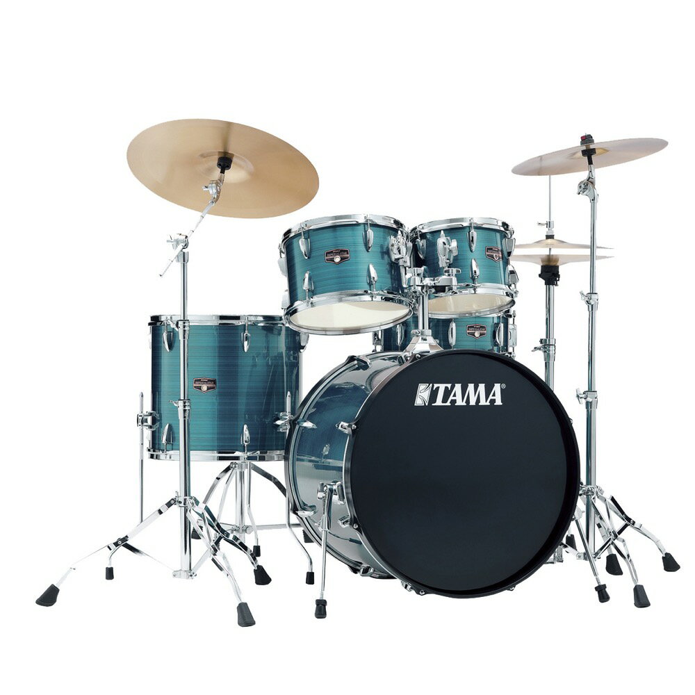 TAMA タマ IMPERIALSTAR IP52H6RC-HLB シンバル付き 22"バスドラムセット「これからドラムを始める方に、使いやすく、耐久性に優れたドラムセットを提供すること」。そのために、これまで培ってきたドラム生産や開発のノウハウを詰め込み、かつエントリークラスのセットとしてお求めやすい価格を実現したのが、この Imperialstar （インペリアルスター）ドラムセットです。スタンダードなサイズの 22" 口径バスドラムセットに、 10" と 12" 口径のタムタムをセットアップ。ダブルレッグ仕様で安定したセットアップを提供する Stage Masterシリーズハードウェア、 HP200P ドラムペダル、 HT25 ドラムスローンを含むオールインワンセットになっています。TAMA オリジナルのエントリー向けシンバルセット (16" クラッシュ、 20" ライド、 14" ハイハット ) をパッケージしたセットと、シンバル無しセットの 2 通りからお選び頂けます。●IP52H6RCスタンダードなサイズの22“ 口径バスドラムセットに、 10” と 12“ 口径のタムタムをセットアップ。 12” と 13“ 口径のタムタムと比較してもチューニングが容易で、音程の高低さがより明瞭になることでフィルインでのフレーズに表情をつけやすい組み合わせです。シンバルはTAMA オリジナルのエントリー・グレードのブラスシンバルが付属。 16" クラッシュ、 20" ライド、 14" ハイハットをパッケージしています。これらのドラム、シンバルをセットアップするためのハードウェア スタンド 、ドラムペダル、そしてドラムスローンも含むオールインワンセットになっています。※別売りオプションとして、自宅練習用のメッシュヘッドとシンバルミュートがセットになったサイレントパックもお使い頂けます。対応品番は SPP522KC です。【キット内容】22”バスドラム ・キット シンバル付一括セットバスドラム：22” x 18” w/タムホルダーマウントタムタム：10” x 7”タムタム：12” x 8”フロアタム：16” x 14”スネア：14” x 5”ハードウェア：MTH600ダブルタムホルダー / HT25 ドラムスローン / HP200P ドラムペダル ストレート ・シンバル スタンド / ブーム ・シンバル スタンド / スネア ・スタンド / ハイハット ・シンバル スタンドシンバル：TAMA “RHYTHM MATE”ブラスシンバル 14”ハイハット/ 16”クラッシュ / 20”ライドカラー：ヘアライン・ブルー(HLB)