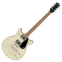 GRETSCH G5222 Electromatic Double Jet BT with V-Stoptail Vintage White エレキギターG5222 Electromatic Double Jet BT V-Stoptailは、Jetならではの卓越したパワーとサウンドを提供します。ダブルカッタウェイのチェンバードマホガニーボディとアーチドメイプルトップのトーンウッドコンビネーションにより、豊かなローエンド、明確かつシルキーなハイエンド、そしてふくよかなミッドレンジに特徴付けられる、Jet BTトーンが得られます。2基のBlack Top Broad'Tronピックアップは、明瞭度の高い重厚なドライブサウンドから、卓越した帯域バランスの極上なクリーントーンまでをカバー。3ポジショントグルスイッチ、ボリュームコントロール、マスタートーン、マスターボリュームとトレブルブリード回路の組み合わせにより、ピックアップとトーンの設定を直感的かつ包括的にコントロールすることが可能です。12インチラジアスのローレル指板には22本のミディアムジャンボフレットとパーロイドNeo-Classicサムネイルインレイを採用し、ブリッジ部には固定式Adjusto-MaticブリッジとV-Stoptailテイルピースを装備しています。ゴールドピックガードのBlack、ブラックピックガードのVintage White、シルバーピックガードのOcean Turquoiseの3カラーをラインナップし、いずれのカラーモデルもクロムハードウェアをフィーチャーしています。【スペック】カラー：Vintage White原産国：CNヘッドストックバインディング：ネック：Set-Neckネックフィニッシュ：Glossネックシェイプ：Thin "U"ネック：Set-Neckフィンガーボードラジアス：12" (305 mm)Fingerboard Material：Laurelポジションインレイ：Pearloid Neo-Classic Thumbnailサイドドット：フレット数：22ナット：Synthetic Boneナット幅：1.6875" (42.86 mm)ナットの素材：Synthetic Boneボディ：Mahogany with Arched Maple Topボディフィニッシュ：Glossボディシェイプ：Jetボディトップ：Arched Mapleボディバインディング：White with B/W Purflingボディバック：MahoganyBody Style：Gretsch Solid Body Guitarsボディ素材：Mahogany with Arched Maple Topウェイスト：8.5" (216 mm)ブリッジ：Anchored Adjusto-Maticブリッジカバー/テイルピース：Gretsch "V" StoptailBridge Mounting：Anchoredピックガード：Black Plexi Pickguard with White Gretsch LogoPickup Covers：Chromeコントロールノブ：G-ArrowSwitch Tip：Chromeハードウェアフィニッシュ：Chromeチューニングマシーン：Die-Castストリング：Nickel Plated Steel (.010-.046 Gauges)Strap Buttons：Gretsch Knurled Strap Retainer Knobsブリッジピックアップ：Black Top Broad’Tron ネックピックアップ：Black Top Broad'Tronピックアップコンフィギュレーション：Broad'Tron / Broad'Tronコントロール：Volume 1. (Neck Pickup), Volume 2. (Bridge Pickup), Master Volume with Treble Bleed, Master ToneSwitching：3-Position Toggle: Position 1. Bridge Pickup, Position 2. Bridge and Neck Pickups, Position 3. Neck Pickupアッパーバウト：10.25" (260 mm)ローワーバウト：13.46" (341.88 mm)Body Depth：1.85" (47 mm)フレットサイズ：Medium Jumboスケール：24.6" (625 mm)ケース付き