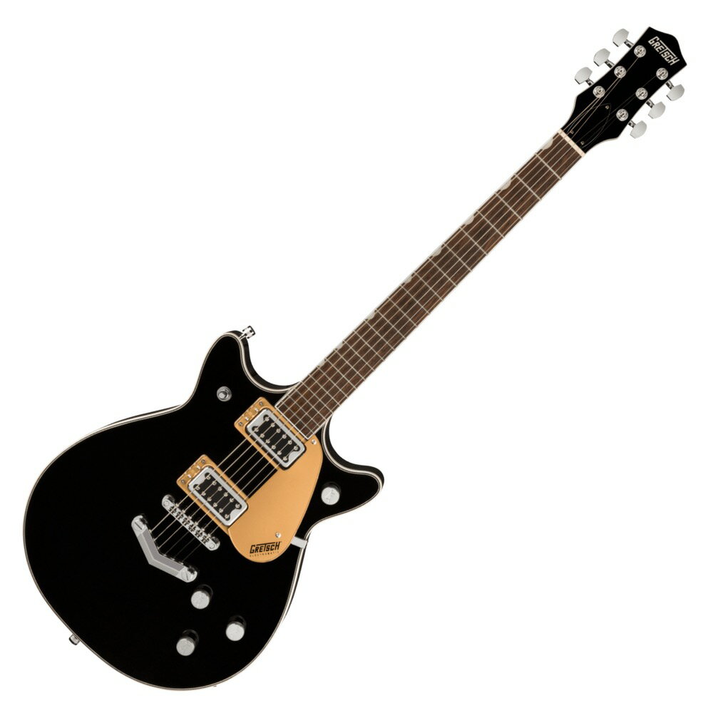 GRETSCH G5222 Electromatic Double Jet BT with V-Stoptail Black エレキギターG5222 Electromatic Double Jet BT V-Stoptailは、Jetならではの卓越したパワーとサウンドを提供します。ダブルカッタウェイのチェンバードマホガニーボディとアーチドメイプルトップのトーンウッドコンビネーションにより、豊かなローエンド、明確かつシルキーなハイエンド、そしてふくよかなミッドレンジに特徴付けられる、Jet BTトーンが得られます。2基のBlack Top Broad'Tronピックアップは、明瞭度の高い重厚なドライブサウンドから、卓越した帯域バランスの極上なクリーントーンまでをカバー。3ポジショントグルスイッチ、ボリュームコントロール、マスタートーン、マスターボリュームとトレブルブリード回路の組み合わせにより、ピックアップとトーンの設定を直感的かつ包括的にコントロールすることが可能です。12インチラジアスのローレル指板には22本のミディアムジャンボフレットとパーロイドNeo-Classicサムネイルインレイを採用し、ブリッジ部には固定式Adjusto-MaticブリッジとV-Stoptailテイルピースを装備しています。ゴールドピックガードのBlack、ブラックピックガードのVintage White、シルバーピックガードのOcean Turquoiseの3カラーをラインナップし、いずれのカラーモデルもクロムハードウェアをフィーチャーしています。【スペック】カラー：Black原産国：CNヘッドストックバインディング：ネック：Set-Neckネックフィニッシュ：Glossネックシェイプ：Thin "U"ネック：Set-Neckフィンガーボードラジアス：12" (305 mm)Fingerboard Material：Laurelポジションインレイ：Pearloid Neo-Classic Thumbnailサイドドット：フレット数：22ナット：Synthetic Boneナット幅：1.6875" (42.86 mm)ナットの素材：Synthetic Boneボディ：Mahogany with Arched Maple Topボディフィニッシュ：Glossボディシェイプ：Jetボディトップ：Arched Mapleボディバインディング：White with B/W Purflingボディバック：MahoganyBody Style：Gretsch Solid Body Guitarsボディ素材：Mahogany with Arched Maple Topウェイスト：8.5" (216 mm)ブリッジ：Anchored Adjusto-Maticブリッジカバー/テイルピース：Gretsch "V" StoptailBridge Mounting：Anchoredピックガード：Gold Plexi with Black Gretsch LogoPickup Covers：Chromeコントロールノブ：G-ArrowSwitch Tip：Chromeハードウェアフィニッシュ：Chromeチューニングマシーン：Die-Castストリング：Nickel Plated Steel (.010-.046 Gauges)Strap Buttons：Gretsch Knurled Strap Retainer Knobsブリッジピックアップ：Black Top Broad’Tron ネックピックアップ：Black Top Broad'Tronピックアップコンフィギュレーション：Broad'Tron / Broad'Tronコントロール：Volume 1. (Neck Pickup), Volume 2. (Bridge Pickup), Master Volume with Treble Bleed, Master ToneSwitching：3-Position Toggle: Position 1. Bridge Pickup, Position 2. Bridge and Neck Pickups, Position 3. Neck Pickupアッパーバウト：10.25" (260 mm)ローワーバウト：13.46" (341.88 mm)Body Depth：1.85" (47 mm)フレットサイズ：Medium Jumboスケール：24.6" (625 mm)ケース付き