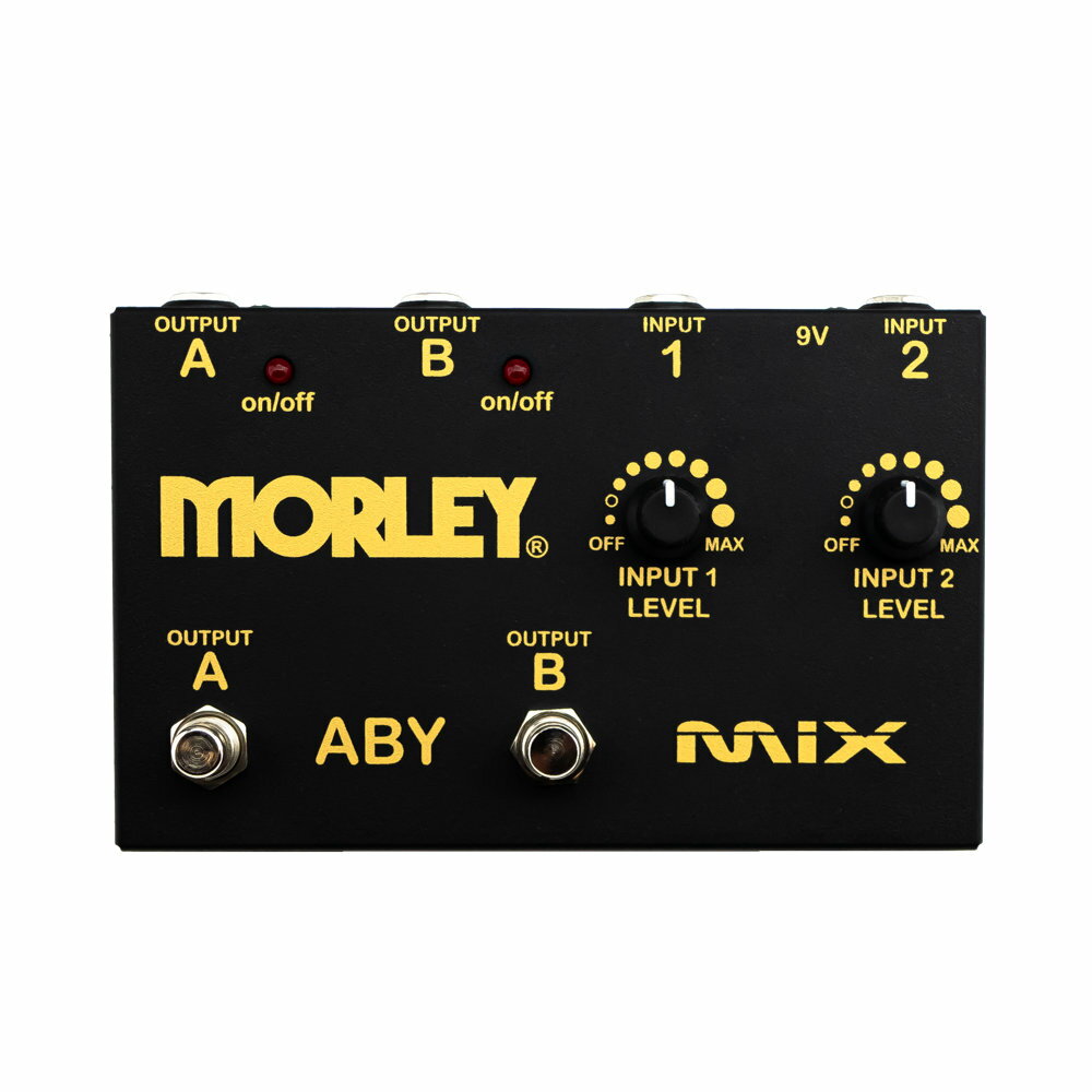 MORLEY ABY MIX-G ABY MIX Gold ラインセレクターロングセラーを続けてきたラインセレクター「ABY」にミキシング機能を追加した上位モデルがゴールシリーズとして登場。ABYの各インプットにミキサー機能を持たせたのが、このABY MIXです。2イン/2アウトのラインセレクター/ミキサーとして動作します。ABY同様に2本のギターで1台のアンプを鳴らすことはもちろん、2台の楽器をミックスしつつ、2台のアンプを1つずつ、あるいは同時にならすこともできます。ミックス機能で、出力レベルの異なる楽器も同時に使うことが可能です。・2つのインプットを2つの各アウトプットへ出力、各アウトプットにはバイパススイッチを装備・各インプットには独立したレベルコントロール（最大15dB）を搭載・LEDによるアクティブアウトプットの表示・信号劣化を防ぐバッファー回路搭載・コールドロール（冷間圧延）製法による堅牢なスチール製筐体・電源：9V乾電池、または9Vアダプター（9Vセンターマイナス）※Morley純正のACアダプターの取り扱いはございません。VITAL AUDIO POWER CARRIERシリーズの使用をお勧めします。・消費電流：2mA（LED駆動時）・外形寸法：168.4mm × 111.3mm × 50.8mm (L×W×H)・本体重量（乾電池を除く）：582g