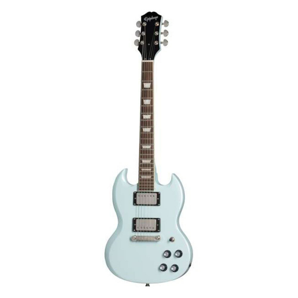 Epiphone Power Players SG Ice Blue エレキギター※ご購入後15日以内に、必ず同梱されるユーザー登録カードに必要事項をご記入の上、ギブソン・ジャパンへご郵送下さい。ユーザー登録したご本人に限り、メーカー規定の故障に対してのみ、無期限での保証が提供されます。伝説的なギター “SG”をベースにデザインされたPower Player SGは、通常のギブソンSGよりも2インチ短い22.73インチ・スケールと7/8サイズのボディにより、いつでも自然に手にとりたくなるようなカジュアルなモデルに仕上がっています。Power Player SGは、経験豊富なプレイヤーやこれからギターを始めようと思っているビギナーのどちらにとっても、様々なシチュエーションでの最高な演奏体験を約束します。ボルトオンのマホガニー・ネックは、アッパー・フレットへの快適なアクセスのため、ネック・ヒール部分においてなだらかな傾斜が施されています。ピックアップにはセラミック・ハムバッカー Epiphone 650R/700Tの2基が搭載されており、正真正銘のリッチなSGサウンドをギタープレイヤーにもたらします。Power Player SGには、ギグバッグ、ストラップ、ピック、ギターケーブルが付属しています。【Power Players SG Specifications】BodyBody Shape：SGBody Material：MahoganyBinding：Single Ply, FretboardBody Finish：GlossNeckNeck Material：MahoganyProfile：SlimTaper DScale Length：577.34 mm / 22.73 inFingerboard Material：Indian LaurelFingerboard Radius：304.8 mm / 12.00 inFret Count：22Frets：Medium JumboNut Material：White PlasticNut Width：41 mm / 1.61 inInlays：Pearloid TrapezoidJoint：Bolt-on with Sculpted Heel and Ferrule InsertsHardwareFinish：NickelBridge：Lightning Bar Compensated Wrap AroundTuning Machines：Die Cast with Kidney ButtonsTruss Rod：Dual ActionTruss Rod Cover：Black BellControl Knobs：Black ReflectorSwitch Tip：BlackJack Plate Cover：Recessed Barrel JackControl Covers：BlackStrap Buttons：2 - Bottom and Back of HeelMounting Rings：BlackPickup Covers：NickelElectronicsNeck Pickup：Epiphone 650R HumbuckerBridge Pickup：Epiphone 700T HumbuckerControls：2 Volume, 2 TonePickup Selector：3-way ToggleOutput Jack：1/4"Strings Gauge：.010, .013, .017, .026, .036, .046Case：Gig BagAccessories：Strap, Picks, and Guitar CordColor：Ice Blue