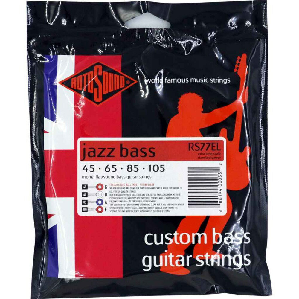 ROTOSOUND RS77EL JAZZ BASS 77 EXTRA LONG 45-105 エレキベース弦RS77ELは、850mm〜915mm(33.5〜36インチ)エクストラ・ロングスケールのエレクトリック・ベース弦です。1966年の発売開始以来、多くの称賛を得てきたフラットワウンドのベース弦です。プレミアムなモネル合金を巻くことにより、Jazz Bass弦はよりサウンドに深みがあり一般的に使用されるステンレススチール製の巻弦よりも耐性の高い弦となっています。●Made in United Kingdom・String Gauges: .045 / .065 / .085 / .105・Material: Monel Flatwound・Tone: Warm・Output: Medium