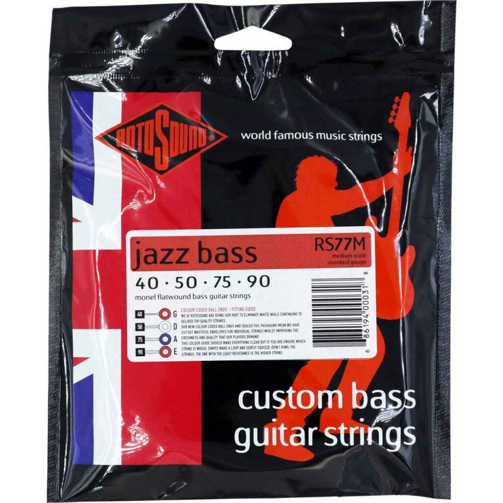 ROTOSOUND RS77M JAZZ BASS 77 MEDIUM SCALE 40-90 エレキベース弦RS77Mは、772mm〜810mm(30.5〜32インチ)ミディアムスケールのエレクトリック・ベース弦です。1966年の発売開始以来、多くの称賛を得てきたフラットワウンドのベース弦です。プレミアムなモネル合金を巻くことにより、Jazz Bass弦はよりサウンドに深みがあり一般的に使用されるステンレススチール製の巻弦よりも耐性の高い弦となっています。●Made in United Kingdom・String Gauges: .040 / .050 / .075 / .090・Material: Monel Flatwound・Tone: Warm・Output: Medium