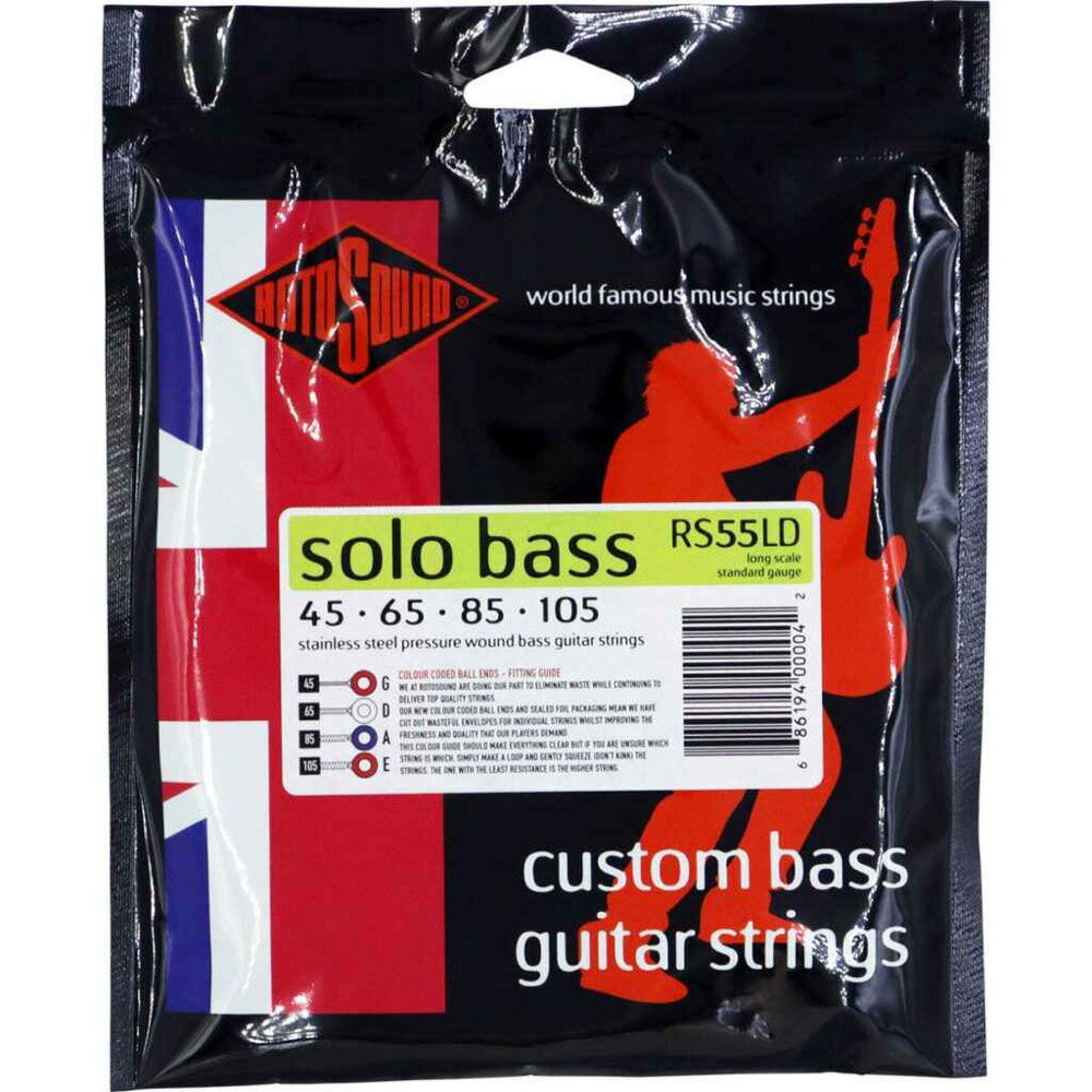 ROTOSOUND RS55LD SOLO BASS 55 STANDARD 45-105 エレキベース弦RS55LDは、810mm〜860mm(32〜34インチ)ロングスケールのエレクトリック・ベース弦です。1970年代半ばにデザインされたオリジナルのプレッシャーワウンドのステンレススティール・ベース弦です。ロトサウンドのSwing Bass 66と似ていますが、よりスムーズな感触です。圧延することにより大部分は保持されるため、ブライトさもそのままです。ハーフワウンドのSolo Bass 55はフィンガーノイズを取り除き、フレットの消耗を減らします。フレットレスベースにおいて性能を発揮するとともにスタジオでの使用にも優れます。●Made in United Kingdom・String Gauges: .045 / .065 / .085 / .105・Material: Stainless Steel Pressurewound・Tone: Bright・Output: Medium