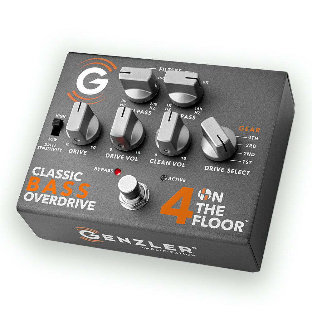 GENZLER 4 ON THE FLOOR Classic Bass Overdrive ベース用 オーバードライブ エフェクターオールアナログ仕様のベースオーバードライブペダル4 ON THE FLOOR Classic Bass Overdrive(4-OTF-PEDAL)は、オールアナログのベースオーバードライブペダルです。クラシックな真空管回路に見られる4種類のオーバードライブを正確にエミュレートし、ドライブ/ゲイン、ハイパス/ローパスフィルターによるオーバードライブパスとクリーンブレンドのコントロールが可能です。その結果、タッチ感度や音楽性を損なうことなく、また余分なノイズを発することもなく、幅広い音楽ジャンルやプレイスタイルに合わせてサウンドメイクすることが出来ます。電源はDC 9V〜DC 18Vで極性を自動で検知する機能を搭載しており、ほぼ全ての電源に対応しています。4-OTF-PEDALは、MAGELLAN 350やMAGELLAN 800などのベースアンプとの相性も抜群です。■4つのドライブセレクト「GEAR」1st真空管アンプのクリーン・チャンネルを彷彿とさせ、ハードにドライブしたときはオーバードライブ・トーンが得られます。2ndチューブアンプのマイルドなオーバードライブ・トーンをエミュレートし、少量のコンプレッションを加えています。自然なフィーリング、タッチセンシティブなアルゴリズムで、非常にマイルドなコンプレッションを持ち、強くピッキングするほど質感が増していきます。3rd2nd GEARよりさらにアグレッシブにシフトアップしたオーバードライブです。より大きなコンプレッションでタイトなフィーリングを実現しています。4th最もアグレッシブなギアです。ハードにドライブするとディストーションの領域に入ります。多くの倍音とコンプレッションが存在しますが、ベース本来のトーンとフィーリングを損ないません。■特徴軽量なアルミシャーシ堅牢なストンプスイッチ低ノイズ・サイレントスイッチング回路4ポジションのオーバードライブ "GEAR"セレクタースイッチハイパス/ローパスフィルター（オーバードライブエンジンのみ）パラレルクリーンシグナルパスドライブ感度切り替えスイッチ(DRIVE SENSITIVITY)■仕様型番4-OTF-PEDAL電源9~18VDC入力インピーダンス＜1MΩ出力インピーダンス1kΩオーバードライブエンジン入力HPF / 出力LPF30Hz~200Hz / 1kHz~14kHz入力感度ドライブ感度(HIGH)：-20dBuドライブ感度(LOW)：-10dBu最大入力レベルドライブ感度(HIGH) / DRIVE VOL 9:00の場合0dBu（9V），+5dBu（12V），+10dBu（18V）最大入力レベルドライブ感度(LOW) / DRIVE VOL 9:00の場合+5dBu（9V），+12dBu（12V），+18dBu（18V）寸法W127xD104xH59 mm重量0.45 kg