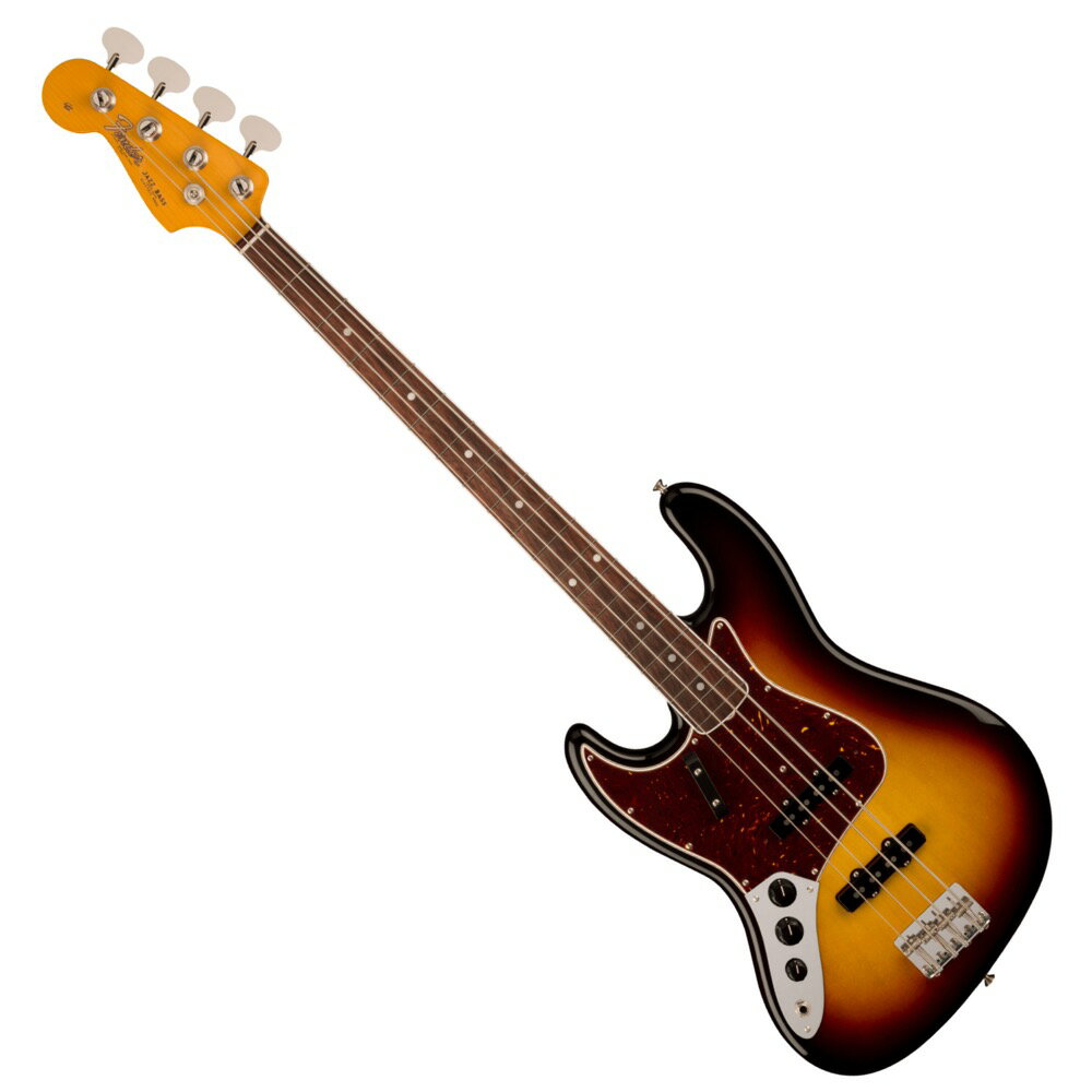 Fender American Vintage II 1966 Jazz Bass Left Hand RW WT3TB レフティ エレキベース※この商品は左利き用のエレキベースです。American Vintage IIは、音楽の歴史を変えた革新的なエレクトリックギターとベースを、極めて正確に再現したシリーズです。当時の仕様を忠実に反映したボディシェイプ、ネック、ハードウェア構成、プレミアムなフィニッシュ、そして年代別にヴォイシングされ細部にまでこだわり抜いたピックアップを搭載し、本物のFenderクラフトマンシップとトーンのエッセンスを凝縮した一本です。現在ではフェンダーベースの象徴的な存在となっているJazz Bassは、より洗練されたハイエンドベースモデルが欲しい、というフェンダーセールスマンのドン・ランドールの希望から誕生したモデルです。ネック幅は細くアップデートされ、より速く、より楽に演奏できるようになり、なめらかな新しいボディスタイルにはJazzmasterのオフセットコンタースタイルを採用しました。1966年、Jazz Bassは新たな機能を搭載し、さらなる進化を遂げました。快適な1966 "U"シェイプのメイプルネックを採用したAmerican Vintage II 1966 Jazz Bassは、20本のヴィンテージトールフレットを配した7.25インチラジアスラウンドローズ指板で、まるで1966年に舞い戻ったかのような当時の楽器の演奏性を彷彿させます。ホワイトネックバインディング、パールドット、マスタートーン付き2ボリュームコントロール、4plyべっ甲柄ピックガードなど、1966 Jazz Bassならではの特徴を備えています。4サドルブリッジ、ヴィンテージスタイルロリポップチューナー、Pure Vintage '66 Jazz Bassピックアップが、クラシックなサウンドとスタイルを提供します。American Vintage IIは、音楽の歴史を変えた革新的なエレクトリックギターとベースを、極めて正確に再現したシリーズです。当時の仕様を忠実に反映したボディシェイプ、ネック、ハードウェア構成、プレミアムなフィニッシュ、そして年代別にヴォイシングされ細部にまでこだわり抜いたピックアップを搭載し、本物のFenderクラフトマンシップとトーンのエッセンスを凝縮した一本です。【スペック】プロダクトネーム：American Vintage II 1966 Jazz Bass Left-Hand, Rosewood Fingerboard, 3-Color Sunburstモデル番号：0190180800シリーズ：American Vintage IIオリエンテーション：Left-Handカラー：3-Color Sunburst原産国：USヘッドストック：Jazz Bassネック：4-Boltネックフィニッシュ：Gloss Nitrocellulose Lacquerネックシェイプ：1966 "U"ネック：4-Boltフィンガーボードラジアス：7.25" (184.1 mm)Fingerboard Material：Bound Round-Laminated Rosewoodポジションインレイ：White Pearloid Dot - 7mmサイドドット：フレット数：20トラスロッド：Vintage-Style Butt Adjustトラスロッドナット：Vintage-Style Butt Adjustナット：Boneナット幅：1.5" (38.1 mm)ナットの素材：Boneボディ：Alderボディフィニッシュ：Gloss Nitrocellulose Lacquerボディシェイプ：Jazz Bassボディ素材：Alderブリッジ：4-Saddle American Vintage Bass with Threaded Steel "Barrel" Saddlesブリッジカバー/テイルピース：Includes Chrome Bridge CoverBridge Mounting：5-Screw Vintage-Styleピックガード：4-Ply べっこう柄Pickup Covers：Blackコントロールノブ：Vintage-Style Black Plastic Jazz Bassハードウェアフィニッシュ：Nickel/Chromeチューニングマシーン：Vintage-Style "Lollipop"String Trees：Vintage-Style Discストリング：Fender USA 7250M Nickel Plated Steel (.045-.105 Gauges), PN 0737250406Neck Plate：4-Bolt Serialized with "F" LogoStrap Buttons：Vintage-Styleブリッジピックアップ：Pure Vintage '66 Single-Coil Jazz Bassミドルピックアップ：Pure Vintage '66 Single-Coil Jazz Bassピックアップコンフィギュレーション：SSコントロール：Volume 1. (Middle Pickup), Volume 2. (Bridge Pickup), Master ToneSwitching：Noneフレットサイズ：Vintage Tallスケール：34" (86.36 cm)