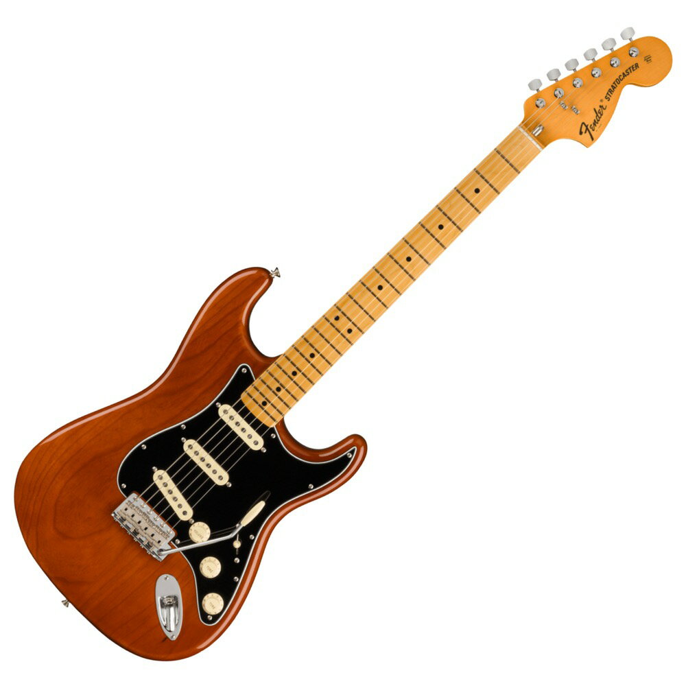 Fender American Vintage II 1973 Stratocaster MN MOC エレキギターAmerican Vintage IIは、音楽の歴史を変えた革新的なエレクトリックギターとベースを、極めて正確に再現したシリーズです。当時の仕様を忠実に反映したボディシェイプ、ネック、ハードウェア構成、プレミアムなフィニッシュ、そして年代別にヴォイシングされ細部にまでこだわり抜いたピックアップを搭載し、本物のFenderクラフトマンシップとトーンのエッセンスを凝縮した一本です。1973年には、CBSデザインが標準仕様となり、そのスペックをまとったフェンダーのギターとベースが世界中のロック、ファンク、フュージョン、プログレのプレイヤーに広く使用されるようになりました。毎週深夜に放送された『Don Kirshner s Rock Concert』や『Midnight Special』などの音楽番組により、フェンダー製品はこれまで以上に人々の目の前に登場し、ポップカルチャーにおけるStratocasterの存在感を高めることになったのでした。American Vintage II 1973 Stratocasterは、Pure Vintage '73 Staggered Poleピックアップを3基搭載し、デュアルストリングツリー仕様のラージヘッドストック、ヘッドに配置された便利なBulletスタイルトラスロッドナット、Micro-Tilt付きの3ボルト式ネックプレートなどを装備しています。1973 “C”シェイプのメイプルネックに21本のヴィンテージトールフレットを配した7.25インチラジアスのメイプルまたはローズウッド指板を採用し、まるで1973年に舞い戻ったかのような、当時の楽器の演奏性を彷彿させます。フェンダーのアイコニックなギターシェイプを讃えて開発されたAmerican Vintage II 1973 Stratocasterは、アッシュボディにLake Placid Blue、Mochaという2種類のフィニッシュをラインナップしています。MochaはStratocasterでBlackピックガードを採用した初のモデルです。その他、ヴィンテージスタイルのFロゴチューニングマシン、ベントスチールサドルとコールドロールド（冷間圧延）スチールブロック付きのシンクロナイズドトレモロといったプレミアムな仕様を備えています。American Vintage IIは、フェンダーの礎を築いたギターとベースを忠実に復刻している、ヴィンテージフェンダーのトーンとフィーリングを愛するプレイヤーへ向けたシリーズです。音楽の歴史を作り上げてきたギターとベースを、現代の技術で蘇らせています。【スペック】プロダクトネーム：American Vintage II 1973 Stratocaster, Maple Fingerboard, Mochaモデル番号：0110272829シリーズ：American Vintage IIオリエンテーション：Right-Handカラー：Mocha原産国：USヘッドストック：Large '70s Styleネック：3-Boltネックフィニッシュ：Gloss Polyurethaneネックシェイプ：1973 "C"ネック：3-Boltフィンガーボードラジアス：7.25" (184.1 mm)Fingerboard Material：Mapleポジションインレイ：Black Dotサイドドット：フレット数：21トラスロッド：Bullet Styleトラスロッドナット：Bullet Styleナット：Boneナット幅：1.650" (42 mm)ナットの素材：Boneボディ：Ashボディフィニッシュ：Gloss Polyurethaneボディシェイプ：Stratocasterボディ素材：Ashブリッジ：American Vintage Synchronized Tremolo with “Ash Tray” Bridge Coverブリッジカバー/テイルピース：Includes Chrome Bridge CoverBridge Mounting：6-Screw Vintage-StyleTremolo Block：Cold Rolled Steelピックガード：3-Ply Black/White/BlackPickup Covers：Aged Whiteコントロールノブ：Aged WhiteSwitch Tip：Aged Whiteハードウェアフィニッシュ：Nickel/Chromeチューニングマシーン：Pure Vintage Fender“F” StampedString Trees：Dual-Wingストリング：FenderUSA 250R Nickel Plated Steel (.010-.046 Gauges), PN 0730250406Tremolo Arm：Screw-InNeck Plate：3-Bolt “F” Stamped with Micro-Tilt, SerializedStrap Buttons：Vintage-Styleブリッジピックアップ：Pure Vintage '73 Single-Coil Stratミドルピックアップ：Pure Vintage '73 Single-Coil Stratネックピックアップ：Pure Vintage '73 Single-Coil Stratピックアップコンフィギュレーション：SSSコントロール：Master Volume, Tone 1. (Neck/Middle Pickups), Tone 2. (Bridge Pickup)Switching：5-Position Blade: Position 1. Bridge Pickup, Position 2. Bridge and Middle Pickup, Position 3. Middle Pickup, Position 4. Middle and Neck Pickup, Position 5. Neck Pickupフレットサイズ：Vintage Tallスケール：25.5" (64.77 cm)スタイル：3 Single-Coil