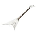 Jackson ジャクソン MJ Series Rhoads RRT Snow White エレキギター90年代初頭、ジャクソンのインポートギターは日本で独占的に製造されていました。MJシリーズは、当時の日本で丁寧に作られたエキサイティングで革新的な楽器を思い起こし、日本のクラフトマンシップを余すところなく導入した製品ラインです。世界的な定評を得るジャクソンのハイパフォーマンスな楽器設計の伝統と、業界トップクラスの機能の数々を競争力のある価格帯で実現します。MJ Series Rhoads RRTは、ギターレジェンドとして不朽の地位を確立しているランディ・ローズが切り開いたメタルレガシーを継承したモデルです。豊かなレゾナンスが特徴のバスウッドボディに、グラファイト補強ロッドを内蔵し、究極の安定性を実現した3ピースメイプルスルーネックを装備。エボニー指板には22本のジャンボフレットとパーロイドシャークフィンインレイを採用しています。指板は12〜16インチコンパウンドラジアス仕様で、ローポジションでのコード弾きからハイポジションでのソロプレイまで、ネック全長にわたり快適な演奏性を確保しています。また蓄光式Luminlayサイドドットにより、暗いステージ上でも正確なネックポジションが確認できます。Seymour Duncan JB SH-4ブリッジピックアップは高出力でパワフルなローエンドを提供し、Seymour Duncan Jazz SH-2Nネックピックアップは澄み渡るクリアなハイエンドと伸びやかなミッドレンジが特徴です。3ウェイピックアップスイッチ、シングルボリュームノブ＆シングルトーンノブといったシンプルなコントロールながら、幅広い音楽ジャンルに対応するサウンド設計が可能です。その他、Jackson TOMスタイルのストリングスルーボディ式アジャスタブルブリッジとアンカー付きテイルピース、Graph Tech TUSQ XLナット、Gotoh MG-Tロッキングチューナー、Dunlop Dual-Lockingストラップボタンなどのプレミアムな仕様を搭載しています。MJ Series Rhoads RRTは、鋭角なホワイトヘッドストック、クロムピックガード、クロムハードウェアを備えたSnow Whiteフィニッシュのクラシックで大胆なスタイリングが魅力です。【FEATURES】■ 25.5インチスケール■ バスウッドボディ■ グラファイト補強ロッドを内蔵し、究極の安定性を実現した3ピースメイプルスルーネック■ 22本のジャンボフレットとパーロイドシャークフィンインレイを採用した12〜16インチコンパウンドラジアスエボニー指板■ Luminlayサイドドット■ Graph Tech TUSQ XLナット■ Seymour Duncan JB SH-4ブリッジピックアップ、Seymour Duncan Jazz SH-2Nネックハムバッカー■ 3ウェイピックアップスイッチ、シングルボリュームノブ＆シングルトーンコントロール■ Jackson TOMスタイルのストリングスルーボディ式アジャスタブルブリッジとアンカー付きテイルピース■ Gotoh MG-Tロッキングチューナー、Dunlop Dual-Lockingストラップボタン【スペック】・プロダクトネーム：MJ Series Rhoads RRT, Ebony Fingerboard, Snow White・モデル番号：2904011876・シリーズ：MJ Series・オリエンテーション：Right-Hand・カラー：White・原産国：JP・ヘッドストック：Jackson Pointed 6-In-Line・ヘッドストックバインディング：・ネック：Neck-Through Body with Graphite Reinforcement・ネックフィニッシュ：Gloss Color Matched・ネック：Neck-Through Body with Graphite Reinforcement・フィンガーボードラジアス：12"-16" Compound Radius (304.8 mm to 406.4 mm)・フィンガーボードの素材：Ebony・ポジションインレイ：Pearloid Sharkfin・サイドドット：・フレット数：22・トラスロッドナット：Truss Rod Adjustment at Nut・ナット：Graph Tech TUSQ XL・ナット幅：1.6875" (42.86 mm)・ナットの素材：Graph Tech TUSQ XL・ボディ：Basswood・ボディフィニッシュ：Gloss・ボディシェイプ：Rhoads・ボディ素材：Basswood・ブリッジ：Jackson TOM-Style Adjustable String-Through-Body・ブリッジカバー/テイルピース：V-Stoptail・ピックガード：Chrome・ピックアップカバー：White・コントロールノブ：Dome-Style・Switch Tip：Black・ハードウェアフィニッシュ：Chrome・チューニングマシーン：Jackson Sealed Die-Cast Locking・ストリング：Nickel Plated Steel (.009-.042 Gauges)・ネックプレート：None・ストラップボタン：Dunlop Dual-Locking・ブリッジピックアップ：Seymour Duncan JB SH-4・ネックピックアップ：Seymour Duncan Jazz SH-2N・ピックアップコンフィギュレーション：HH・コントロール：Volume, Tone・スウィッチ：3-Position Toggle: Position 1. Bridge Pickup, Position 2. Bridge and Neck Pickups, Position 3. Neck Pickup・フレットサイズ：Jumbo・スケール：25.5" (64.77 cm)・ソフトケース付き