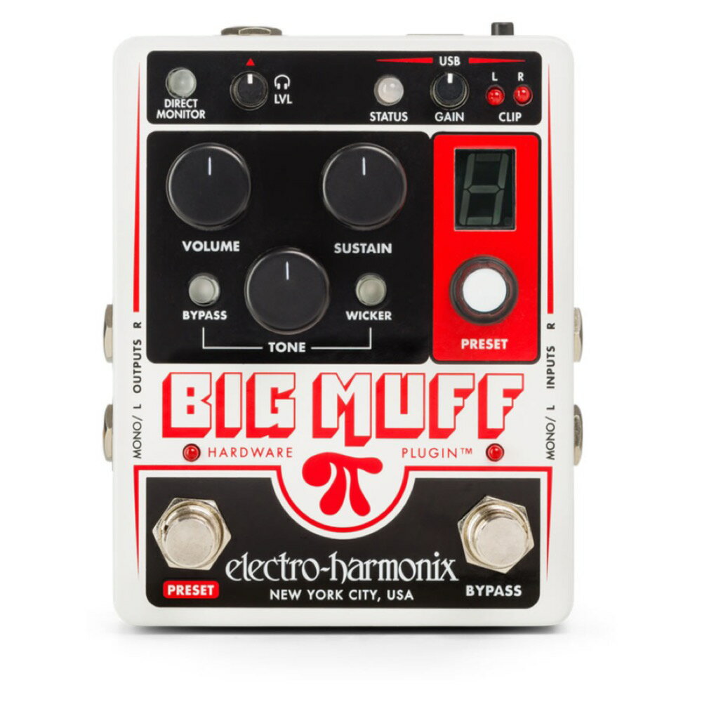 ELECTRO-HARMONIX Big Muff Pi Hardware Plugin ハードウェアプラグイン ギターエフェクターBig Muff Pi Hardware Plugin は、従来の DAW プラグインの限界を超え、アナログサウンドのユニークなクオリティをデジタルレコーディングにもたらす新しいタイプの製品です。標準的な DAW プラグインのように動作しますが、録音されたトラックはelectro-harmonixのBig Muff Piの実際のアナログ回路を経由します。もちろん、Pro Tools, Ableton Live, Cubase, GarageBand, Logic Pro X, Reaperといった非常に人気のある DAW とシームレスに統合することができます。Big Muff Pi を DAW に USB 接続し、トラックを選択してプラグインウィンドウを開くだけです。ソフトウェアのエミュレーションではなく、本物のクリッピング・ダイオード、トランジスタによるオーバードライブ、そして使用環境そのものがあなたのサウンドを彩ります。Big Muff Pi Hardware Plugin は、伝説の 1973 年製 Violet Ram's Head Big Muff の回路設計を再現し、ペダル単体として使用することが可能です。このペダルは、ディストーション・エフェクターのスタンダードを確立し、数え切れないほどの有名なレコーディングで聴くことができます。その独特のアーティキュレーションと卓越したサステインは有名ですが、本製品では本格的なステレオ仕様にアップデートされています。哭きのソロ、クランチなリズム、ファットなドラム、轟くベース。あなたのミックスのあらゆるトラックや楽器のサウンドを盛り上げることができます。Big Muff Pi Hardware Plugin は、ギタリストだけでなく、すべてのデジタルレコーディング・アーティストとデスクトップ・ミュージシャンに本格的なアナログの世界を提供します！【Specification】- アナログの温もりと魔法をデジタルの世界にもたらします。ギターだけでなく、キーボードやドラム、ボーカルにも最適です。- Pro Tools, Ableton Live, Cubase, GarageBand, Logic Pro X などの標準的な DAW とシームレスに統合。- 標準的な DAW プラグインのように動作し、ペダル単体としても使用可能。- 伝説の 1973 年製 Violet Ram's Head Big Muff の回路設計をそのまま採用し、本格的なステレオ機能の追加を含む幾つかのアップデートがされました。- Tone Wicker スイッチは、3段高域フィルターをオープンにすることでトップエンドにうねりやバイト感を加えます。- Tone Bypass ボタンでトーンコントロールを無効化。- フットスイッチでアクセス可能な 10 個のプリセットエリアを搭載。お気に入りのサウンドをセーブ / ロードすることができます。- 汎用性の高い2 IN/2 OUTのUSBオーディオ・レコーディング・インターフェース。Big MuffエフェクトのON/OFFに拘わらず録音可能。- EHX 9.6DC-200 アダプター付属。USB 2.0 Type B ポートを使用して PC からの電源供給も可能。- サイズ：102 mm (w) x 120 mm (d) x 57 mm (h)