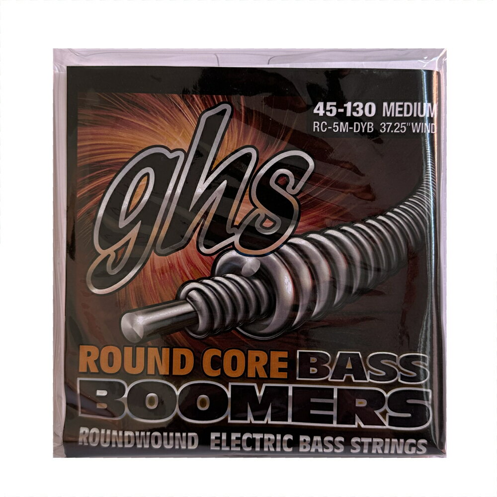 GHS RC-5M-DYB 5-String Round Core Bass Boomers MEDIUM 045-130 5弦エレキベース弦丸い芯線(通常のBASS BOOMERSは六角芯)を使用。レンジが広く特に中低音が強調されます。高音域はマイルドになり、全体的にソフトな出音。37.25"はGHSの中で最も長いベース弦になります。34"スケールのベースには一般的なブリッジ仕様にも裏通し仕様にも対応し、35"スケールで一般的なブリッジ仕様のベースに対応しています(裏通しには適応しない場合あり)。5弦エレキベース用・型番：RC-5M-DYB・ゲージ：RC-DYB45 , RC-DYB65 , RC-DYB85 , RC-DYB105 , RC-DYB130※ 1セットでの販売です。