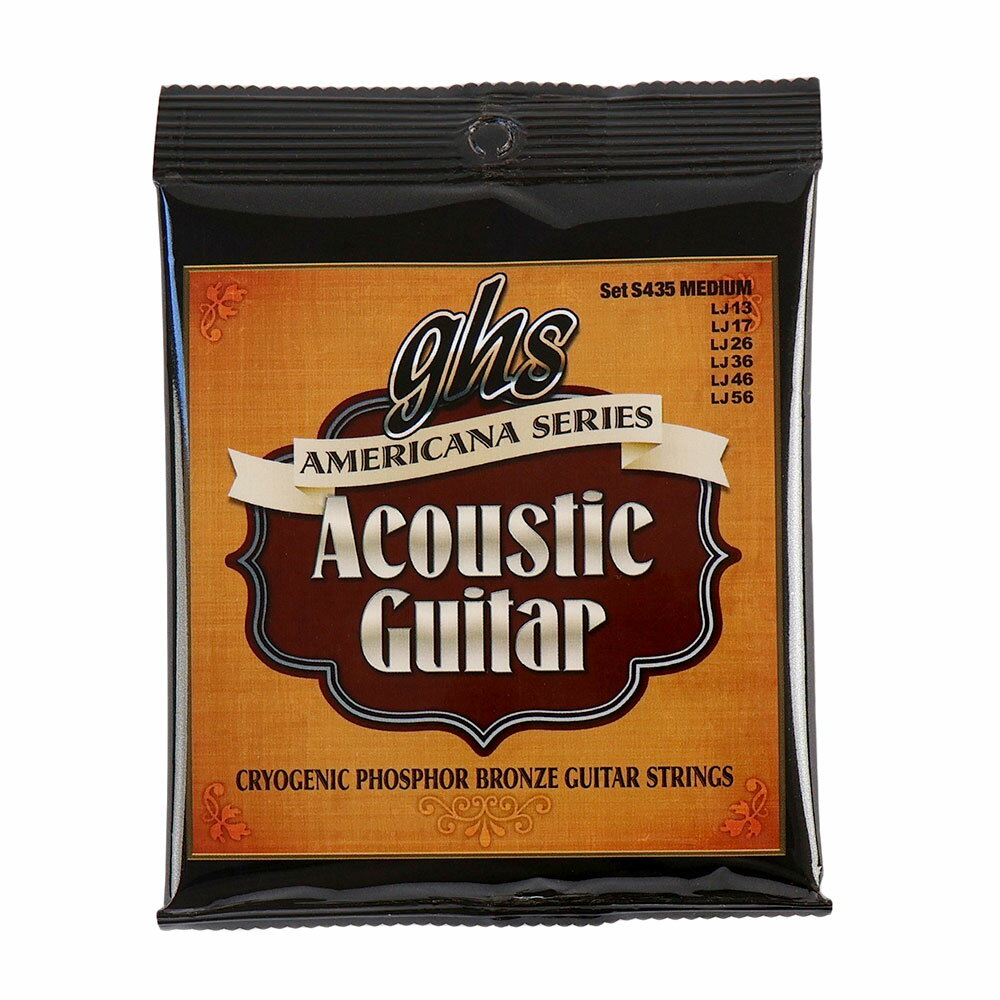 GHS S435 Americana Series Phosphor Bronze MEDIUM 013-056 アコースティックギター弦Americanaシリーズは多くのプレーヤーが待ち望んでいたハイパフォーマンス弦です。GHSの伝統的な6角コアに銅とスズ、リンの合金（リン青銅）を巻き、超低温処理を施したのがこの弦で、結果、長持ちするリッチでブライトなトーンが得られます。あらゆるジャンルにマッチする非常に優れた弦となっています。Cryogenically Treated Copper-Tin-Phosphor Alloy・型番：S435・Medium・ゲージ：LJ13 , LJ17 , LJ26 , LJ36 , LJ46 , LJ56※ 1セットでの販売です。