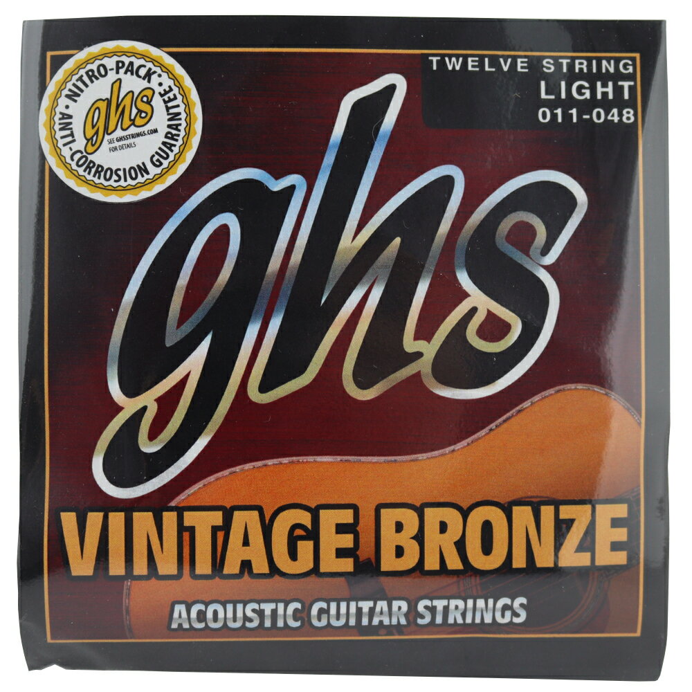 GHS VN-12L 12-String Vintage Bronze LIGHT 011-048 12弦アコースティックギター弦ヴィンテージサウンドを探しているのなら、この弦が最適です。GHS Vintage Bronzeは85/15の 銅/亜鉛合金を6角コア弦に巻いたもので、リッチでウォームな、よく響くトーンを持っています。85/15 Copper Zinc12弦アコースティックギター用・型番：VN-12L・Light・ゲージ：.011 , .014 , VN20 , VN30 , VN40 , VN48.011 , .014 , .009 , .012 , .016 , VN26※ 1セットでの販売です。