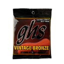 GHS VN-XL Vintage Bronze EXTRA LIGHT 011-050 アコースティックギター弦※画像はサンプルです。詳細に関しては、商品説明をご確認ください。ヴィンテージサウンドを探しているのなら、この弦が最適です。GHS Vintage Bronzeは85/15の 銅/亜鉛合金を6角コア弦に巻いたもので、リッチでウォームな、よく響くトーンを持っています。85/15 Copper Zinc・型番：VN-XL・Extra Light・ゲージ：.011 , .014 , VN22 , VN30 , VN38 , VN50※ 1セットでの販売です。