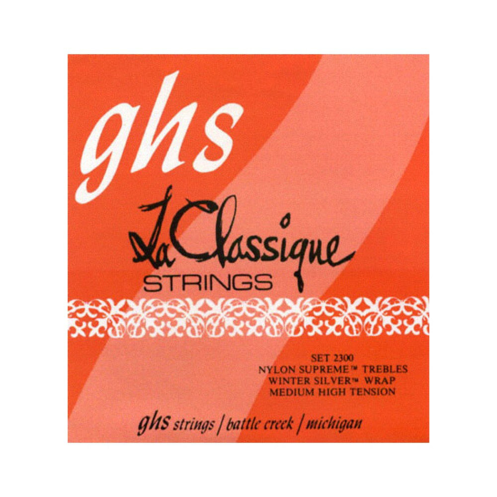 GHS 2300 La Classique MEDIUM HIGH クラシックギター弦※画像はサンプルです。入荷時期によって掲載画像とパッケージデザインが異なる場合がございます。あらかじめご了承下さい。ゲージ等の詳細に関しては、商品説明をご確認ください。La Classiqueは最高品質のナイロン高音弦とWinter Silverの低音弦がバランスよく響きます。高音の響きがアンサンブルに最適です。Nylon Supreme Trebles / Winter Silver Basses・型番：2300・ゲージ：.029 , .033 , .041 , .028 , .033 , .040※ 1セットでの販売です。