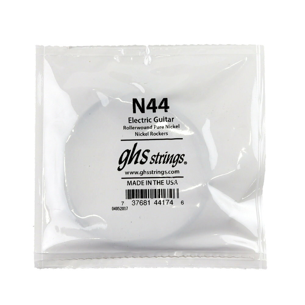 GHS N44 Singles Nickel Rockers ROLLERWOUND .044 エレキギター用 バラ弦100％ニッケル仕様のラウンド弦をローラーで潰し、表面を楕円状に仕上げたハーフワウンド弦です。これにより巻き弦のフィンガリングがスムーズになります。音質はややマイルドな響きを持ちます。Rollerwound Pure Nickel・エレキギター用・型番：N44・ゲージ：.044※ 1本のみのバラ弦です。