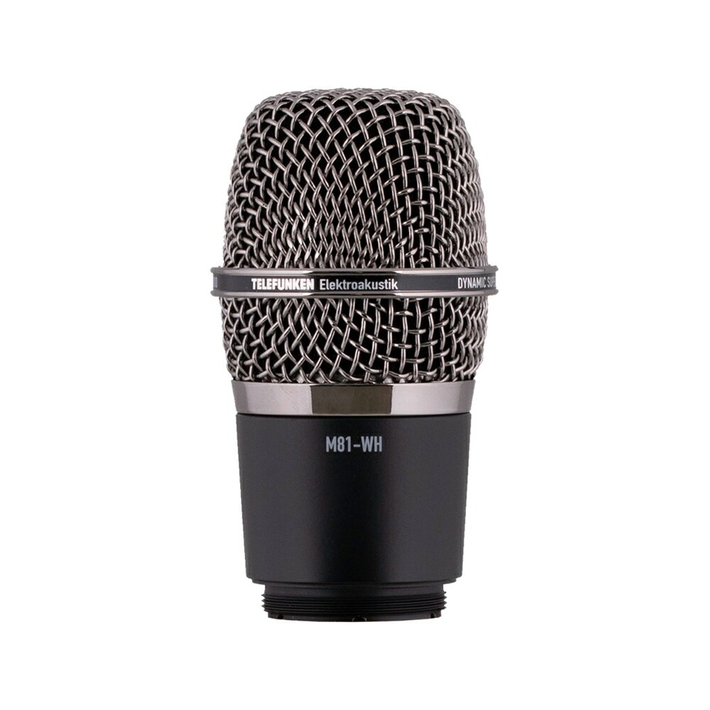 TELEFUNKEN M81 WH ワイヤレスヘッド Shure規格本製品はShure規格ワイヤレス・マイクロフォン用のヘッドです。ワイヤレスマイク本体及びレシーバー等は付属しません。M81-WHは、M81ダイナミックマイクのワイヤレスカプセルヘッドです。ワイヤレスカプセルは、M81 StandardおよびM81-SHと音響的に同一であり、パフォーマンス、最小の近接効果、およびTELEFUNKENダイナミックシリーズマイクに期待される優れたフィードバック除去のような同じコンデンサーを備えています。M81 Universal Dynamicは、M80 Dynamicと同じように明瞭なミッドレンジを維持しますが、上端が少し引き戻され、全体的な周波数応答がよりフラットになります。この製品は、まったく同じダイナミックカプセル、ヘッドグリル、および出力トランスをすべてカプセル本体内にきちんと詰め込んでおり、選択したワイヤレス送信機システムにすぐに組み合わせることができます。技術仕様タイプ：ダイナミック極性パターン：スーパーカーディオイド周波数範囲：50 Hz - 18 kHz、±3 dBカプセル：25mmダイナミックムービングコイルトランス：テレフンケンElektroakustikT80感度：1.54 mV / Pa、±1 dB出力インピーダンス：325 Ω最大SPL（1％THDの場合）：135デシベル寸法/サイズ：長さ92mmx直径48mm総重量：166グラム