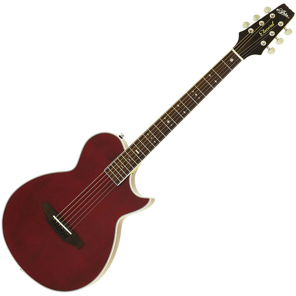 ARIA APE-100 SR See-through Red エレクトリックアコースティックギターマホガニーをくりぬいたボディにフレイムメイプルトップを組み合わせたエレクトリックアコースティックギター。55mm厚の取り回しの良いボディに、ギターの音色をよりはっきりと聴くことができるサイドサウンドホールを採用しています。Fishmanピエゾピックアップ（パッシブ）を搭載しています。・サイドサウンドホールボディサイドにサウンドホールが有る事で自分が弾いたギターの音色を、よりはっきりと聴くことができます。・Fishman ピエゾピックアップ （パッシブ）サドル下にFishmanピエゾピックアップ （パッシブ） を搭載。電池を必要とせず、原音に忠実なナチュラルなサウンドが魅力です。【SPEC】Body : Flamed Maple Top, Mahogany Back & SidesNeck : Mahogany 3-Ply with Maple Reinforce, Bolt-onFingerboard : RosewoodFrets : 21FScale : 648 mmNut & Saddle : BoneNut Width : 43 mmBridge : RosewoodHardware : ChromePickup : Fishman PiezoFinish : SR(See-through Red)