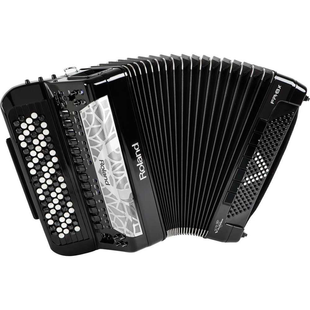 ROLAND FR-8XB BK ボタン鍵盤タイプ Vアコーディオン伝統と最新テクノロジーが融合したVアコーディオン フラッグシップ・モデル。伝統と最新テクノロジーが融合し、パワーアップしたVアコーディオンFR-8Xbが登場。世界のトップ・アコーディオニストたちとの共同開発により、革新的なデジタル・アコーディオンに生まれ変わりました。新技術「ダイナミック・ベローズ・ビヘイビアー」による蛇腹のリアルな表現力、豊富なサウンドやマルチ・エフェクトなどデジタルならではの機能の強化により、思い通りのパフォーマンスを実現。アコーディオンの新境地を切り開く、Vアコーディオンのフラッグシップ・モデルです。新技術「ダイナミック・ベローズ・ビヘイビアー」により、蛇腹の表現力が飛躍的にアップ。アコースティック・アコーディオン同様の洗練されたベロージングを実現。世界中のアコーディオン・サウンド、180種類におよぶオーケストラ音色、ドラム＆パーカッション音色、バーチャルトーン・ホイール・オルガン音色など多彩な音色を内蔵。パワフルなマルチ・エフェクト、ルーパー機能を搭載。大きく見やすいカラー液晶搭載。直感的な操作が可能なパネル・レイアウト。FR-8Xbはボタンの機構とデザインをリニューアル。洗練されたパール感のあるボタンは、より自然なタッチ感やノイズを実現。■蛇腹の表現力が飛躍的にアップ。ダイナミック・ベローズ・ビヘイビアーVアコーディオンFR-8Xの最大の特長は、新技術「ダイナミック・ベローズ・ビヘイビアー」により画期的に進化した蛇腹の表現力。蛇腹を動かして空気を送り込み、リードを振動させて音を出すアコースティック・アコーディオンは、選ぶリードや一度に弾く音の数によって空気の流れが変化し、蛇腹の抵抗感（重さ）も変わります。FR-8Xbはこの蛇腹の抵抗感の変化を再現することに成功。これまでデジタル・アコーディオンでは実現できなかったリアルで自然な空気感を持つベロージングを可能にしました。アコーディオン演奏の要である蛇腹のコントロールが飛躍的に進化したことで、プロのアコーディオニストも納得の表現力を実現。思い通りのダイナミックな演奏をかなえるVアコーディオンのフラッグシップ・モデルです。■Vアコーディオンならではの多彩なサウンド世界のアコーディオン・サウンドのほか、ストリングスや木管・金管楽器に加え、エレキギター、民族楽器、シンセサイザーなど180種類におよぶオーケストラ音色を搭載。好評のドラム＆パーカッション音色も18種類と大幅に強化しました。さらに、右手鍵盤は、最大4音色まで同時に演奏が可能。鍵域を分けて異なる音色を演奏したり、パートを重ねることもできます。またこれまでご要望の多かったパーカッション音色の右手鍵盤へのアサインも可能に。左手は、ベース音色、コード音色、フリー・ベース・モードと、複数のモードでオーケストラ音色を演奏でき、音の切り替えもボタンひとつで簡単操作。多彩な音色の活用で、ソロ演奏でもアンサンブル感が楽しめて、表現の幅がいっそう広がります。■強力なマルチ・エフェクトやルーパー機能を搭載FR-8Xbは、パワフルなマルチ・エフェクト（MFX）を搭載。右手パートのアコーディオン音色用に1 機、オーケストラ音色用に3 機（右手パートに2 機、左手パートに1 機）の計4機を搭載し、それぞれに84種類のエフェクトを用意しています。大幅に強化した音色にマルチ・エフェクトを加えることで、ドラマティックで洗練された音づくりを実現します。また、あらたにルーパー機能も本体に内蔵。デジタルならではの多彩な機能により、アコーディオンの可能性がさらに広がります。■使いやすいカラー液晶とパネル・レイアウトディスプレイは、大きなカラー液晶画面を採用。本体に埋め込まれた設計で、より見やすくなりました。ボタンやつまみの配置もわかりやすく、直感的な操作が可能に。ユーザー・インターフェースを見直すことで、デジタルならではのさまざまな機能が、より使いやすくなりました。新搭載のチン（あご）・スイッチは、リードやユーザー・プログラムをハンズフリーで切り替えできて便利です。専用バッテリーも本体にACアダプターをつなぐだけで充電が可能。もちろんパワフルなアンプ／スピーカーも内蔵しているので、演奏をすべて一台でかなえるオールインワン・モデルです。■ボタン鍵盤タイプは自然なタッチ感やノイズを実現ボタン鍵盤タイプFR-8Xbは、ボタンの機構を一新し、より自然なタッチ感やノイズを実現。レスポンスも早く、リアルな演奏表現を可能にしました。ボタンの素材もリニューアルし、洗練されたパール感のある質感に。ピアノ鍵盤タイプFR-8Xとともに、アコースティック・アコーディオンの伝統を受け継ぐデザインを採用しています。■主な仕様ディスプレイ：320×240 ピクセル、カラー・グラフィック2.4 型（バックライト付き）定格出力：25W × 2スピーカー：9cm × 2 ツィータ × 2鍵盤、ボタン:右手鍵盤：92 ボタン（ベロシティー付き／アフタータッチはマスター・バー経由）左手鍵盤：120 ベース・ボタン（ベロシティー付き）、モード：スタンダード、フリー・ベース、オーケストラ・ベース、オーケストラ・コード、オーケストラ・フリー・ベース、トレブル・モード（C Griff Europe、C Griff 2、B Griff Bajan、C Griff Fin、D Griff 1、D Griff 2）ベローズ（蛇腹）:ダイナミック・ベローズ・ビヘイビアー・テクノロジーによる、音色数と押鍵数に応じたベローズの動作管理音源:APBM（Advanced Physical Behavior Modelling）音源最大同時発音数:128音音色、アコーディオンセット:アコーディオン・セット：100、1セットあたりの音色数：右手音色＝14、左手音色＝7、フリー・ベース音色＝7、オーケストラ・フリー・ベース音色＝7、オーケストラ・ベース音色＝7、オーケストラ・コード音色＝7、オーケストラ音色＝180（うち28 音色を音色ボタンに設定可能）、ドラム・セット＝18リード・フッテージ:右手リード＝7 ベース・リード＝5 コード・リード＝3 フリー・ベース・リード＝2Wave拡張:8Mb×4 インターナル・エリア（音色ロード用）オーケストラ音色:180ドラム音色:18セットベース& コードとドラム／パーカッション音色：ベース／オーケストラ・ベース＝2 列、コード／オーケストラ・コード＝4 列オルガン音色（Virtual Tone Wheel Technology）:プリセット右手パート32＝音色コード＆フリー・ベース・パート＝32 音色ベース・パート＝16 音色ハーモニック・バー組み合わせ最大28種類カスタマイズ可能ミュゼット・チューニング:マイクロ・チューニング・プリセット16 種類（Off、Dry、Classic、F-Folk、American L/H、North Europe、German L/H、D-Folk L/H、Alpine、Italian L/H、French、Scottis）エフェクトリバーブ:（8種類）コーラス（8種類）ディレイ（10 種類）MFX マルチ・エフェクト：MFX x 4（84 種類）アコーディオン・パートオーケストラ1 パートオーケストラ2 パートオーケストラ・コード／オーケストラ・フリー・ベース・パートオルガン音色用ロータリーSlow ／ Fast（ビブラート、コーラス、オーバードライブ、VK ロータリー付き）Cassotto シミュレーション有りユーザー・プログラム:ユーザー・プログラム・リスト無制限（USB メモリーに保存可能）リストあたりのパフォーマンス・メモリー1400：100 ユーザー・プログラム・バンク×14 ボタンオーディオ・プレーヤー／オーディオ・レコーダーメディア：USB メモリーオーディオ・レコーダー保存フォーマット：オーディオ・ファイル（WAVE：44.1kHz、16 ビット・リニア）MIDI ファイル（SMF）オーディオ・ループ・ファンクション：録音（オーバーダビング可能）、再生端子:オーディオOUTPUT 端子（R、L/Mono） 標準タイプPHONES 端子ステレオ標準タイプMIDI 端子IN、OUTUSB 端子USB COMPUTER 端子：タイプB（MIDI データ送受信用）USB メモリー：タイプA（データ保存機器）電源:AC アダプター消費電力:3750mAオート・オフ機能:無効、10 分、15 分、20 分付属品:取扱説明書AC アダプター電源コード（AC アダプターと接続用）専用バッテリーリファレンス・キャップ（ベース・ボタン用）リファレンス・ボタン（右手ボタン鍵盤用、ボタン鍵盤タイプのみ）ストラップ、アコーディオン・クロスアコーディオン・ソフトバッグ別売品:ワイヤレスUSB アダプター（WNA1100-RL）[販売完了]ヘッドホン Roland RH シリーズMIDI フット・コントローラーFC-300外形寸法 / 質量幅 (W)510 mm奥行き (D)260 mm高さ (H)410 mm/質量11.9 kg