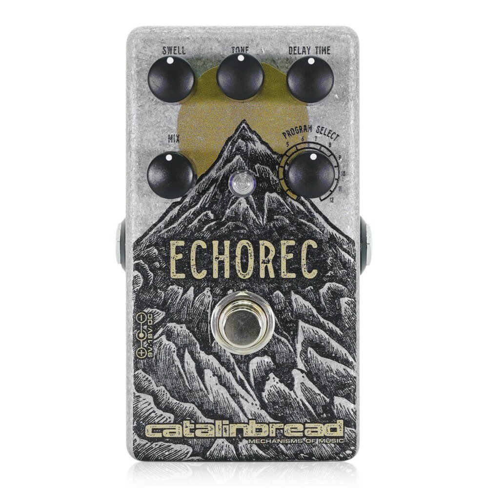 Catalinbread Echorec Mountain Edition ディレイ ギターエフェクター限定マウンテンデザインです。Catalinbread Echorecは、もはや伝説的ともいえるチューブエコーBinson Echorecを再現するコンパクトディレイペダルです。Binson Echorecのユーザーとしては、Pink Froydが最も有名でしょう。そしてEchorecならではのリズム特性と空気感は今でも多くのミュージシャンを魅了し続けています。Catalinbread Echorecは4つの再生ヘッドの組合せを12種類から選ぶことができます。この中にはオリジナルでは不可能だった組合わせも含まれています！また、オリジナルのEchorecには搭載されていなかったディレイタイムの調整も、Catalinbreadでは40ms-1000msの範囲でコントロールが可能になりました。Repeatsノブでは1回だけのリピートから宇宙船の効果音のようなフィードバックをコントロールします。Toneノブでは簡単に音質を変化させることができます。ナチュラルなディレイ音からダークなトーン、輪郭のはっきりしたトーン、そして少し劣化したようなローファイなトーンまでコントロールします。Mixノブでは原音100％とエフェクト音100％の間でそれぞれの割合を自由に調整可能です。内部のスイッチでバイパス時にトゥルーバイパスとバッファーバイパスを切り替えることができます。バッファーバイパス選択時はエフェクトOFF時にディレイ音が残り自然に減衰していきます。（バッファーバイパスを選択すると、バイパス時にもMixノブが有効になります。100％ウェットの設定だと音が出ない場合がございます。）電源はDC9Vセンターマイナスアダプターで動作します。※電池での使用には対応していません。【コントロール】● SWELL：リピート数の調整● TONE：音質の調整● DELAY TIME：ディレイタイムの調整● MIX：原音とエフェクト音の割合調整● PROGRAM SELECT：再生ヘッド組み合わせの選択（12種類）【スペック】・厳選したコンポーネント・トゥルーバイパス バッファードトレイル切り替え・9-18Vアダプター・61mA・Made in USA電池はお使いになれません。種類：ディレイアダプター：9-18Vセンターマイナス電池駆動：-コントロール：SWELL、TONE、DELAY TIME、MIX、PROGRAM SELECT